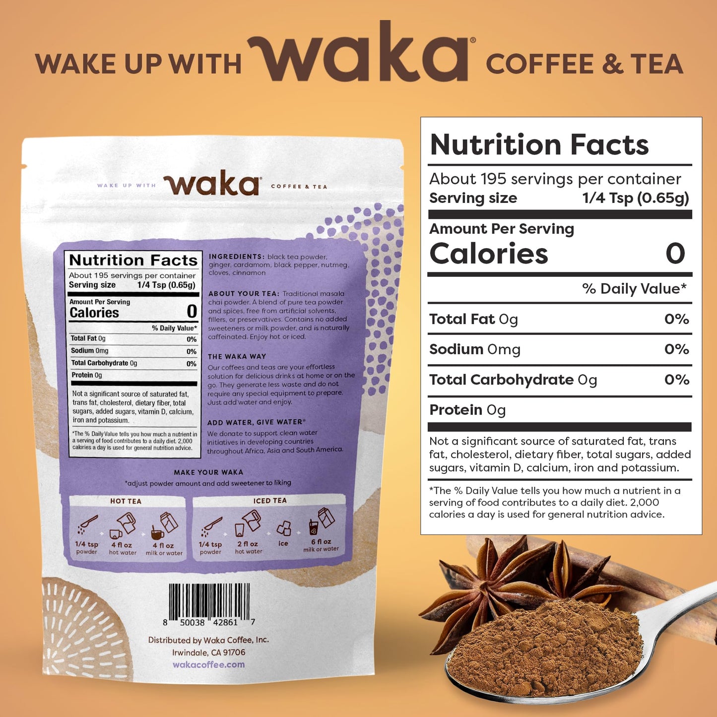 Waka Traditional Chai Tea Powder Mix - Chai Tea Concentrate Sugar Free, Pure Leaves from India, Natural Spices, Unsweetened, No Additives (4.5oz