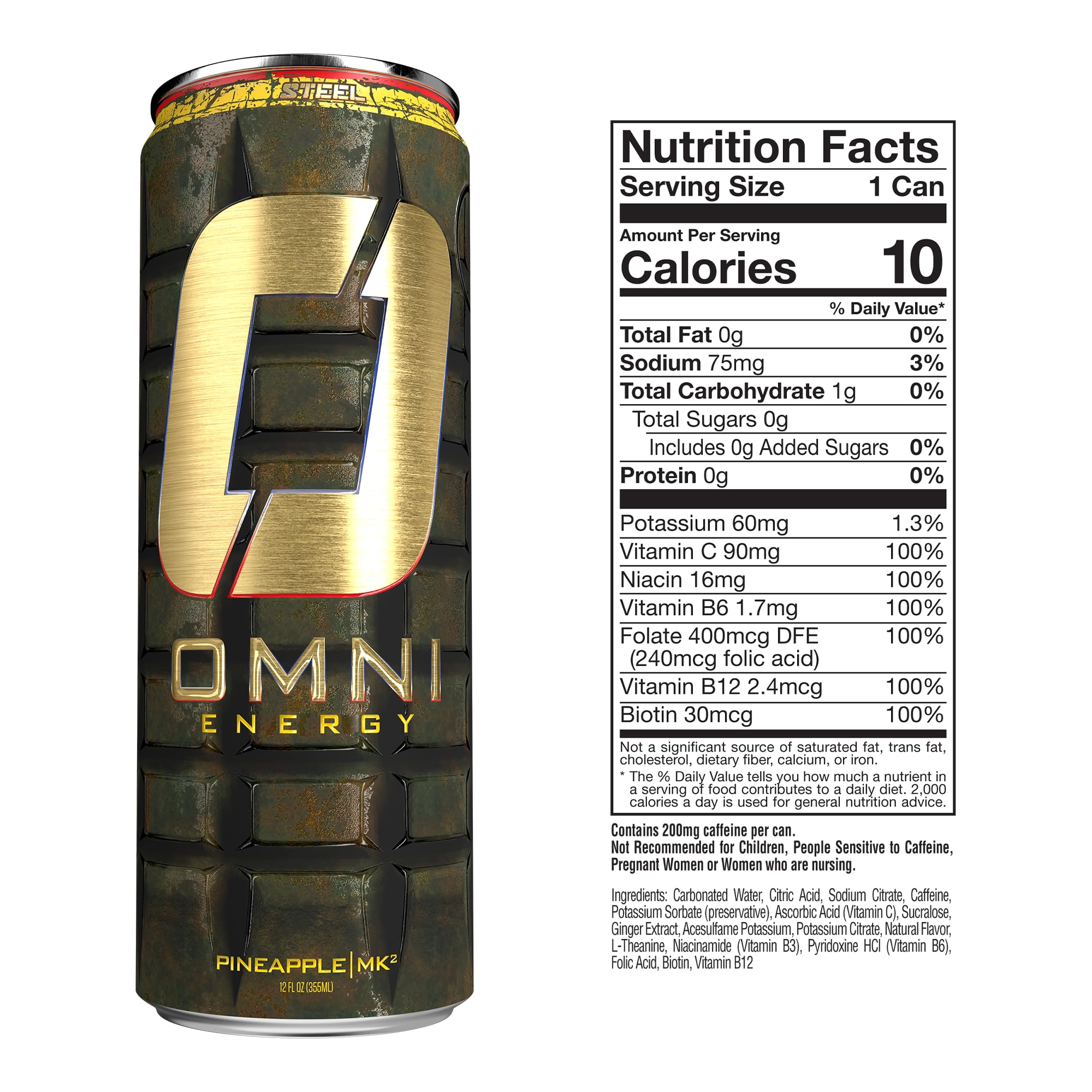 OMNI Energy Drink Pineapple MK2 12 Oz (Pack of 12) | Contains 200mg Clean Caffeine, B Vitamins | Sugar-Free, Low Calorie, Energy Drink for All-Day