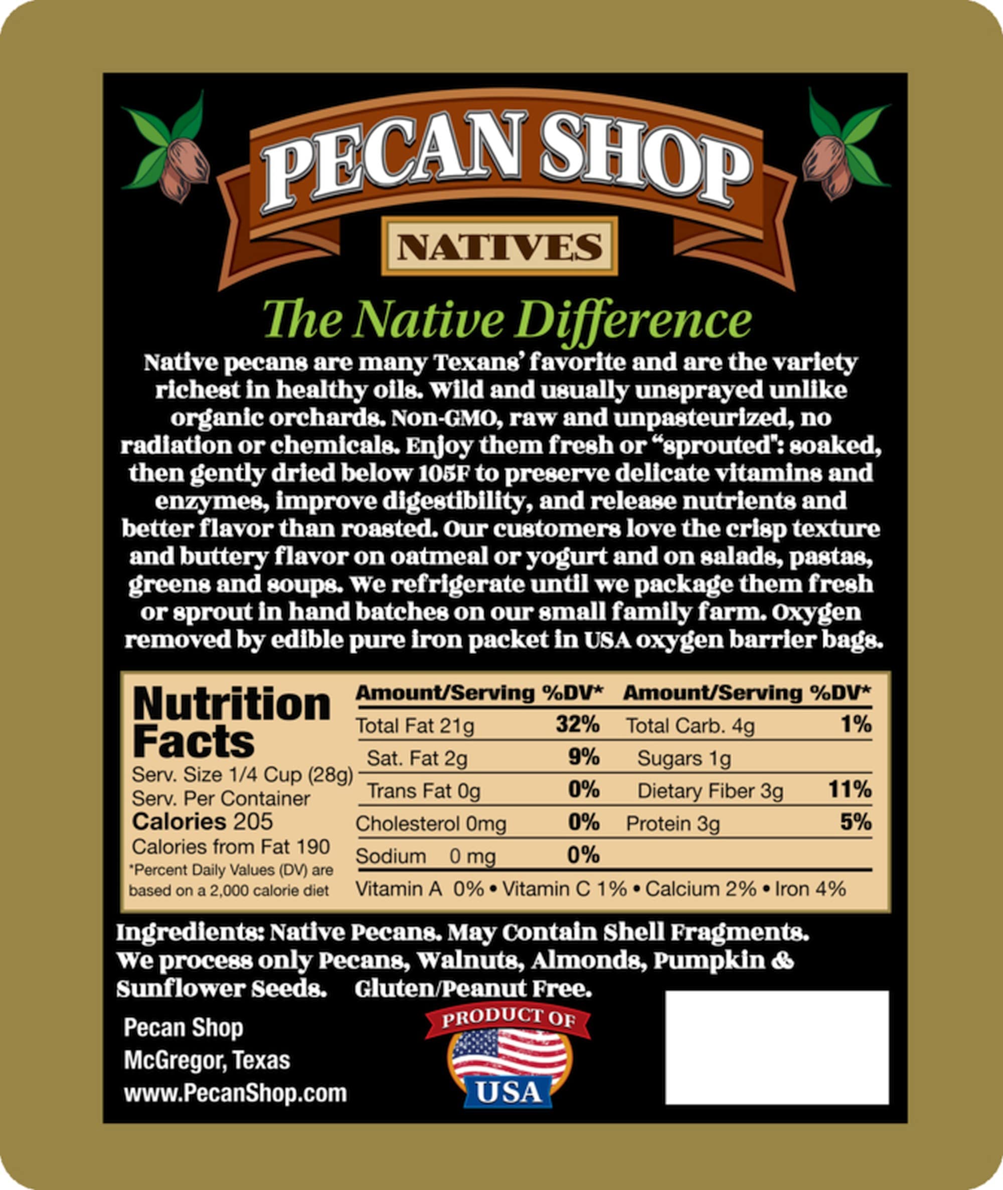 Pecan Shop Raw Unpasteurized Shelled Texas Native Pecans, Wild-Harvested and Tested Pesticide-Free Pecan Halves in Oxygen-Barrier Bag for Peak