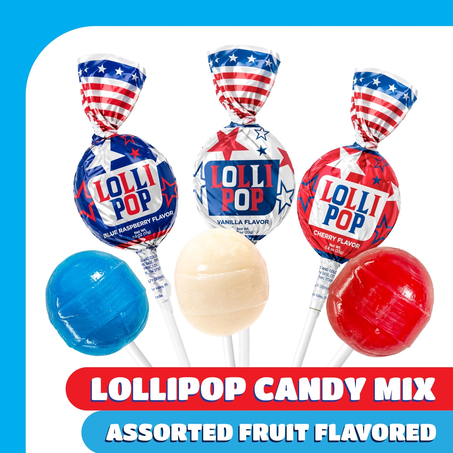 Patriotic Candy - 2 Pound Bulk Pack (35 Count) - Fourth of July Lollipops - Red White Blue Candy - Individually Wrapped - Cherry, Vanilla, Blue