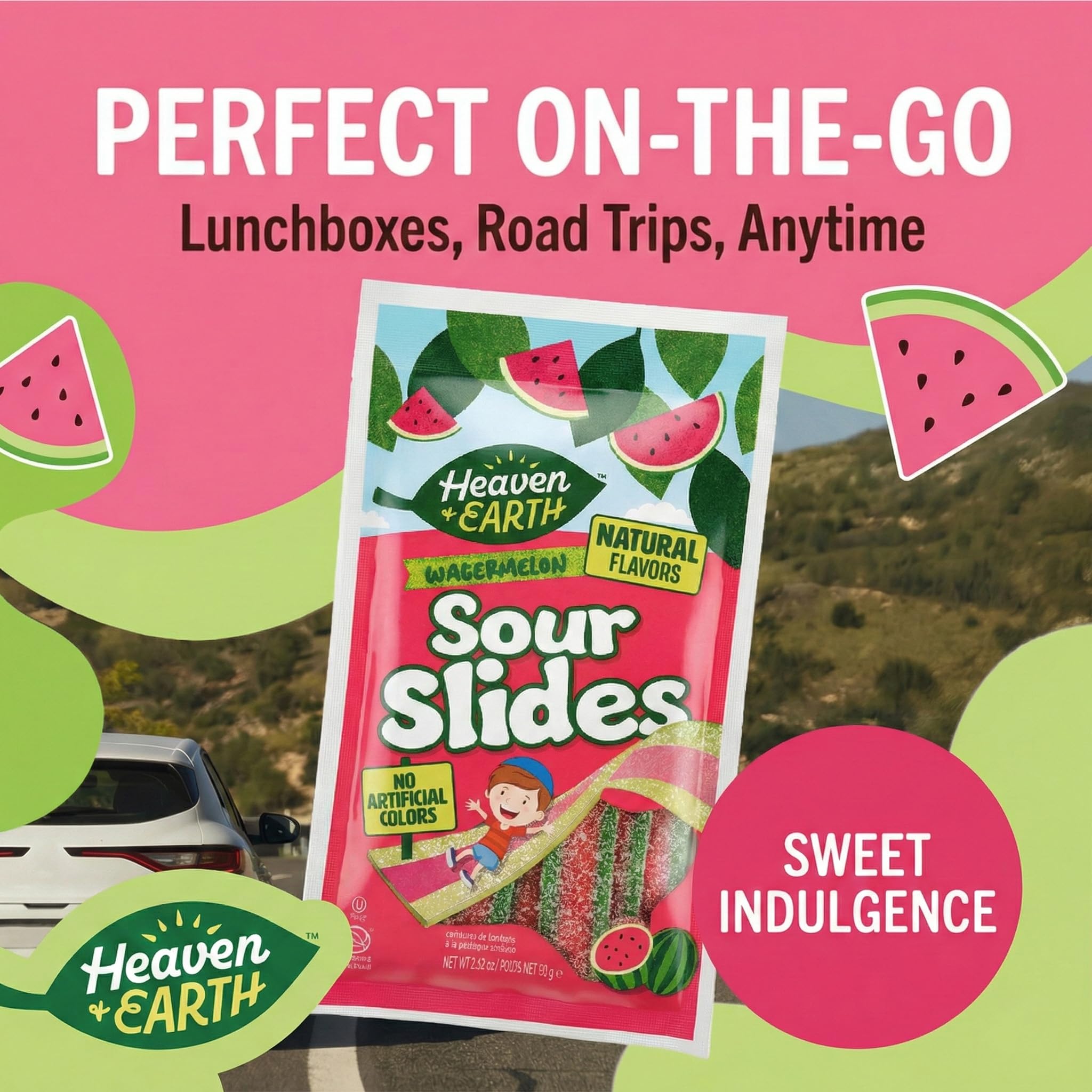 Heaven & Earth Watermelon Sour Slides Candy, 2.8 oz (6 Pack) | Sour Belts | Natural Flavors, No Artificial Colors | Made with Real Fruit Juice |
