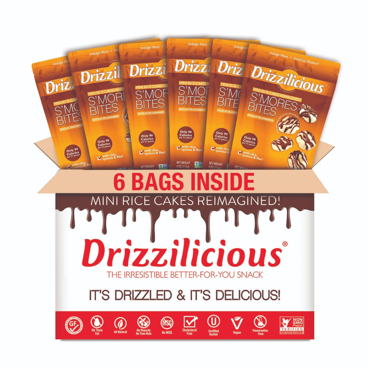 Drizzilicious Mini Flavored Rice Cakes S'mores - Rice Crisps, Healthy Snack for Adults and Kids, Vegan, Gluten Free Snack, Allergen Free, Only 90