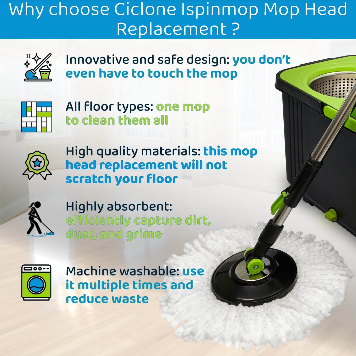 Ciclone Ispinmop 3-Pack Spin Mop Replacement Head - Spin Mop Refill Microfiber - Ciclone Ispinmop 360 Mop Head Refill - Spin Mop Head Replacement