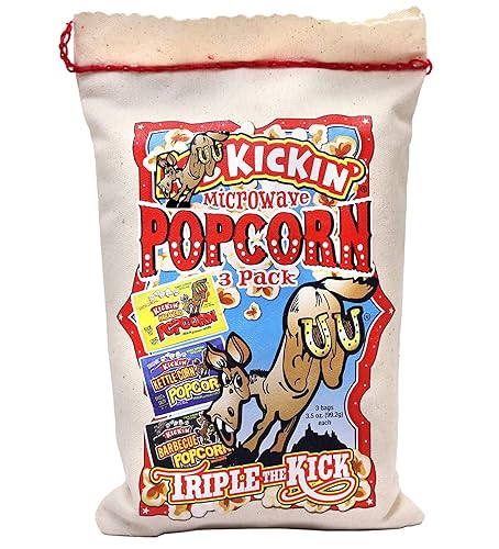KICKIN’ Premium Microwave Popcorn - Popcorn Variety Pack (3) in Canvas Bag - Ultimate Sweet and Spicy Gourmet Gift - Makes a Great Movie Theater