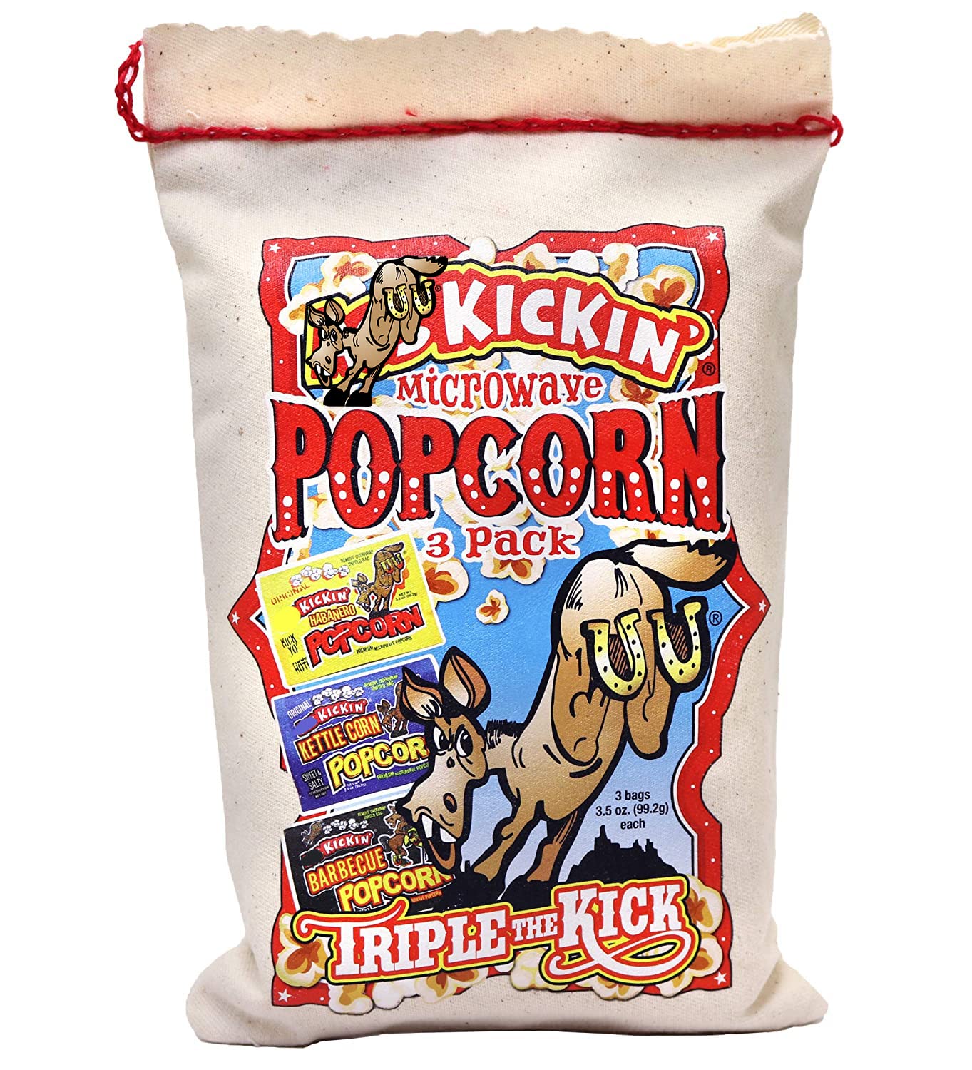 KICKIN’ Premium Microwave Popcorn - Popcorn Variety Pack (3) in Canvas Bag - Ultimate Sweet and Spicy Gourmet Gift - Makes a Great Movie Theater