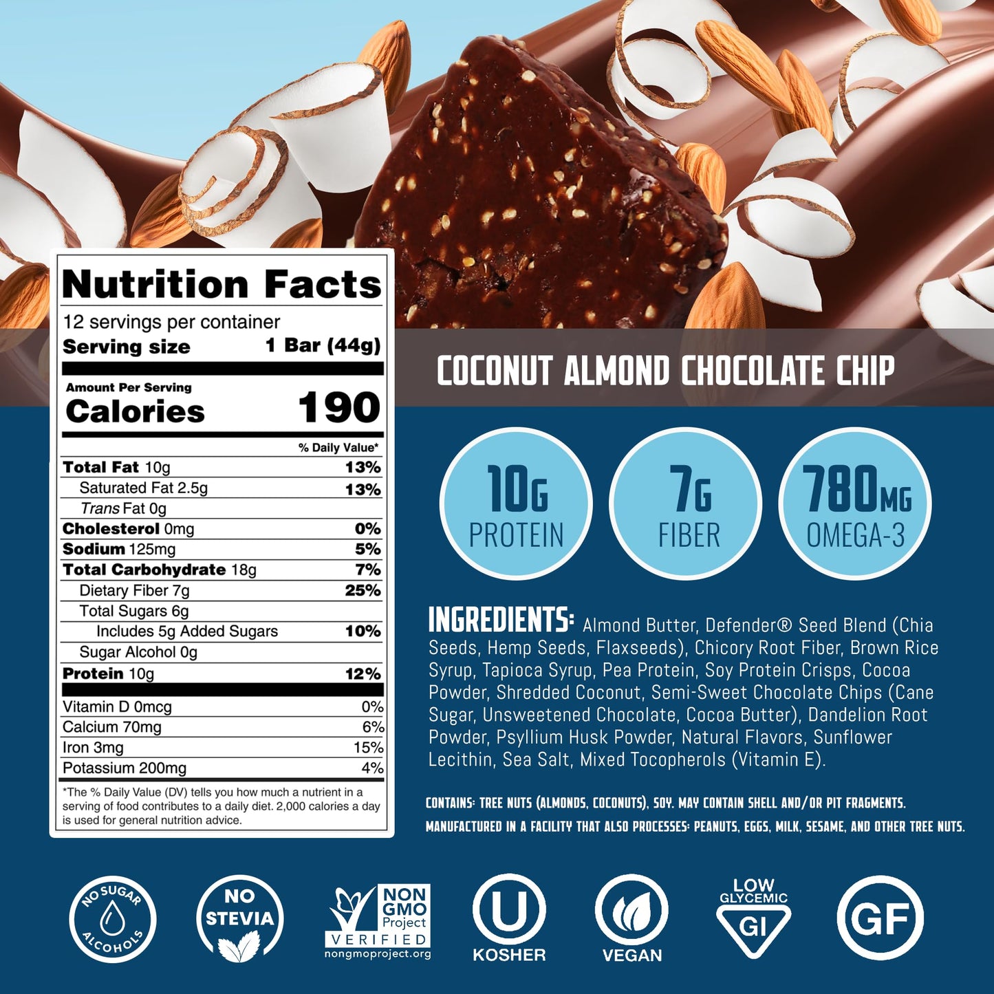 Defender Vegan Protein Bar, Coconut Almond Chocolate Chip, Plant Based Snack or Breakfast Bars, Psyllium Husk, Dandelion Root, High Fiber, Non GMO