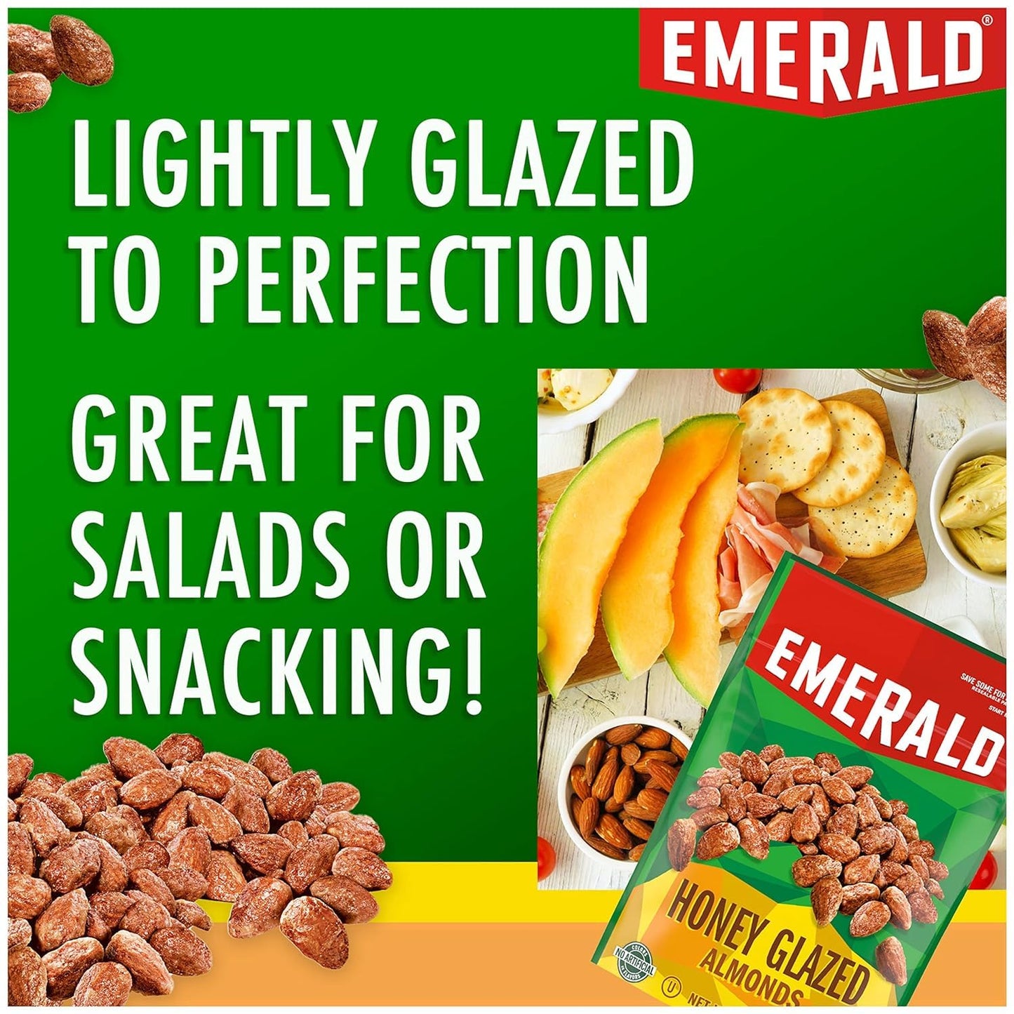 Emerald Nuts, Honey Glazed Almonds, 5.5 Oz, Resealable Bag (Pack of 2)