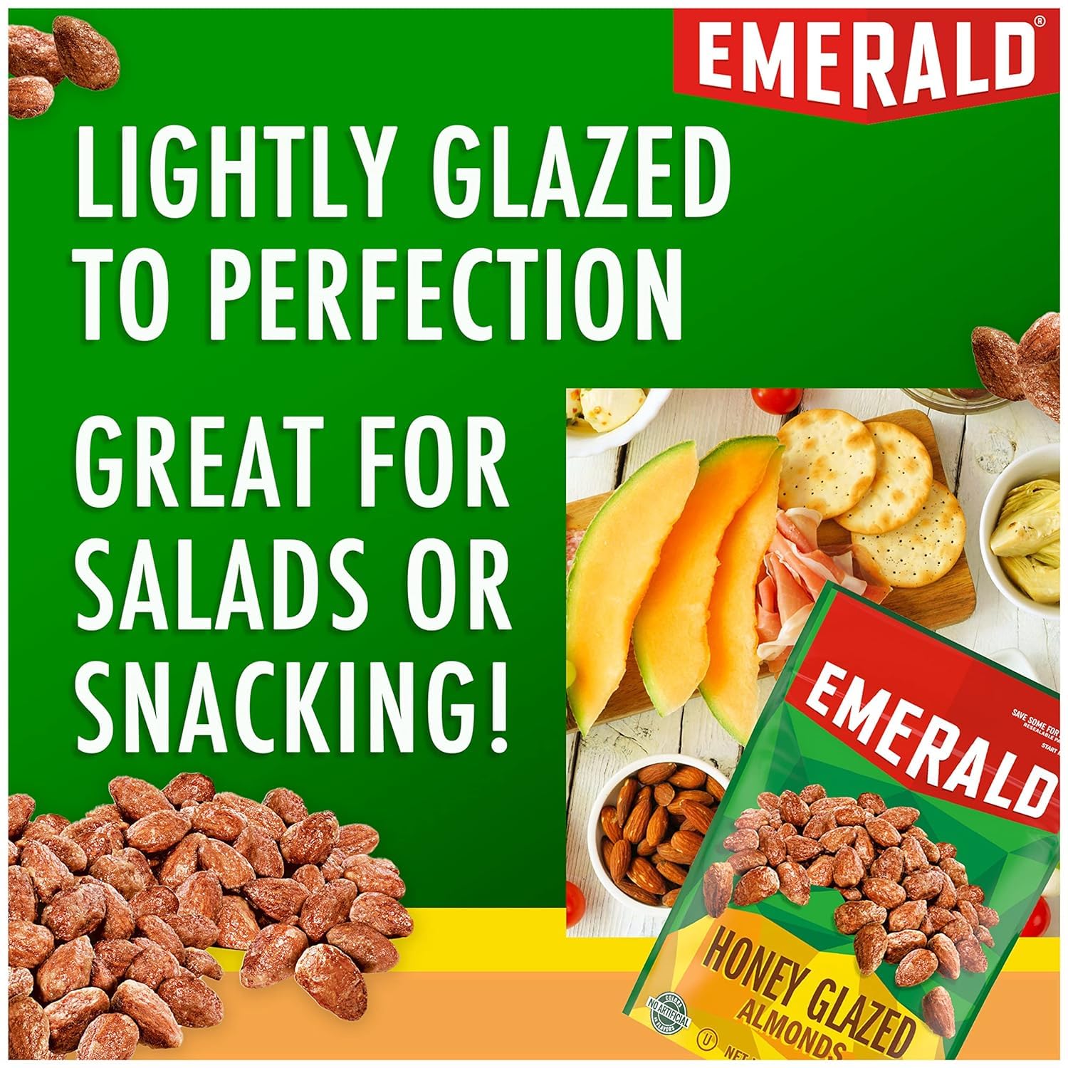 Emerald Nuts, Honey Glazed Almonds, 5.5 Oz, Resealable Bag (Pack of 2)
