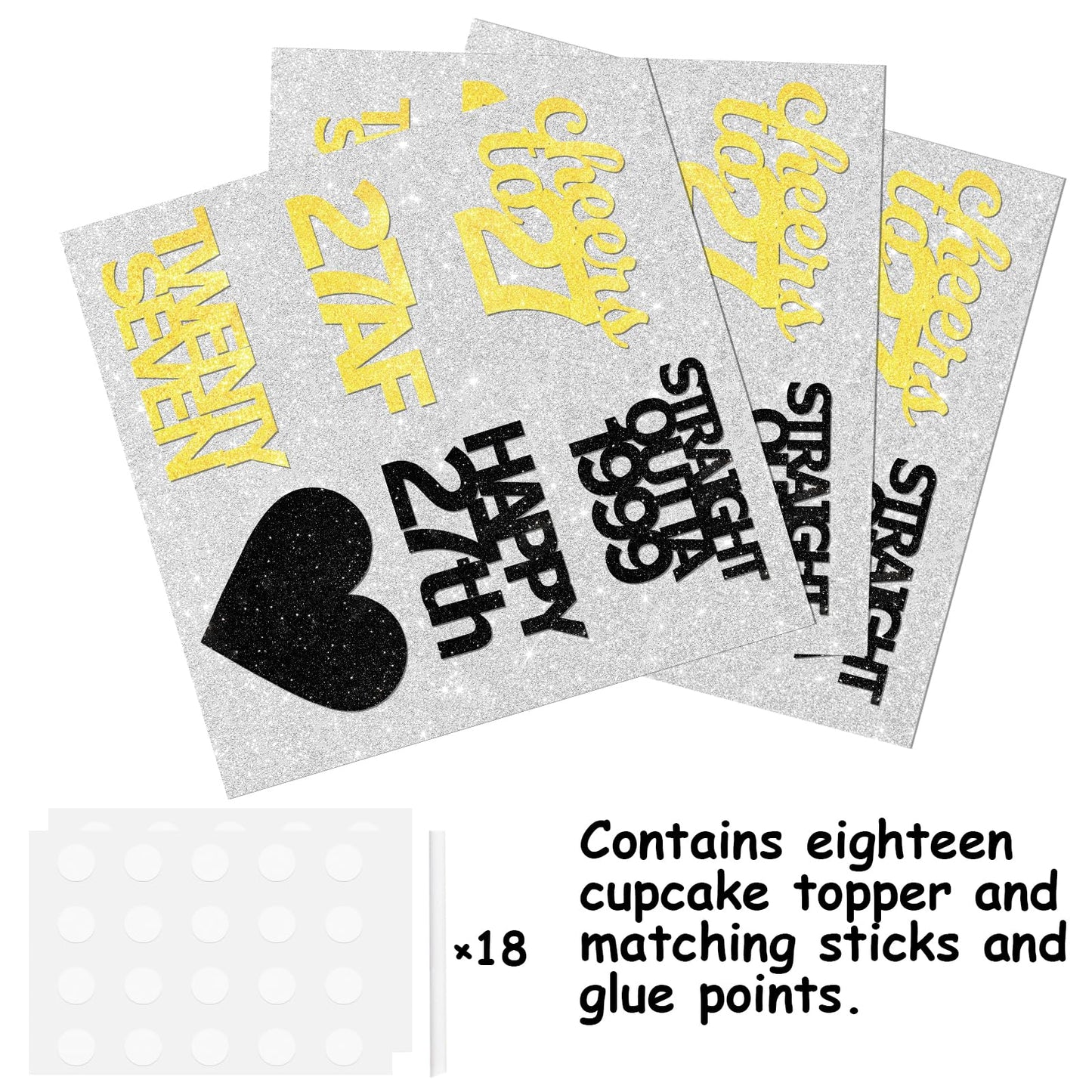 18pcs Black Gold Glitter Dessert Cupcake Pick for Straight Outta 1999 Cheer to 27 Years Old Theme Decor Supplies Happy 27th Birthday Party Decoration