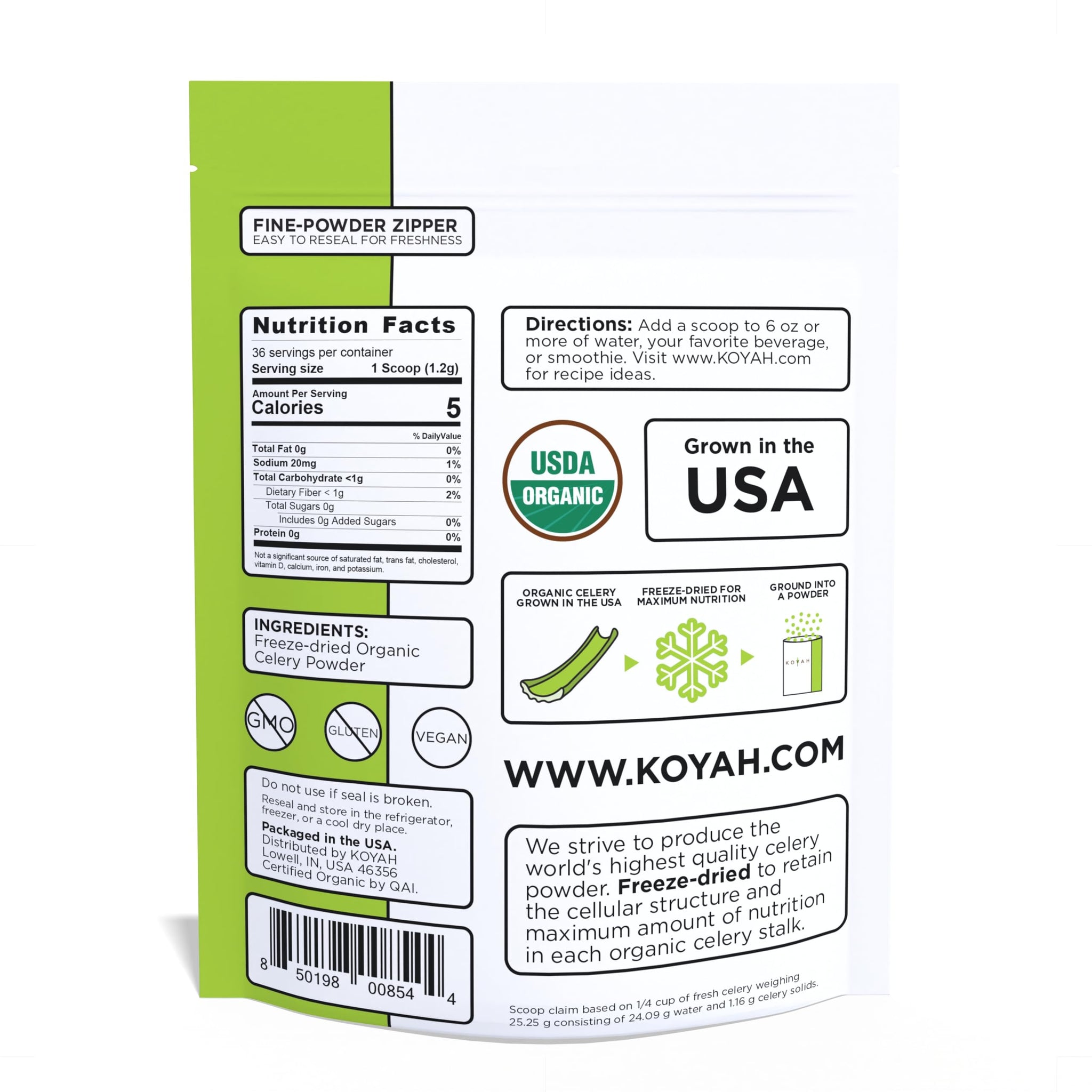 KOYAH - Organic USA Celery Powder (1 Scoop = 1/4 Cup Fresh): 36 Servings, Freeze-dried, Whole-Stalk Powder