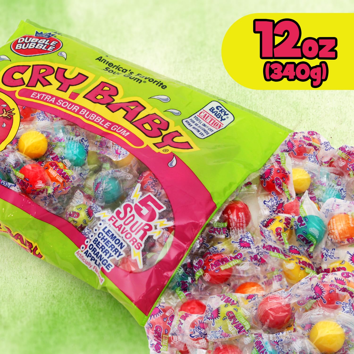 Cry Baby Extra Sour Bubble Gum, 12 OZ Bag of Individually Wrapped Gumballs 5 Mouth Puckering Flavors: Lemon, Cherry, Berry, Orange, and Apple, Perfect