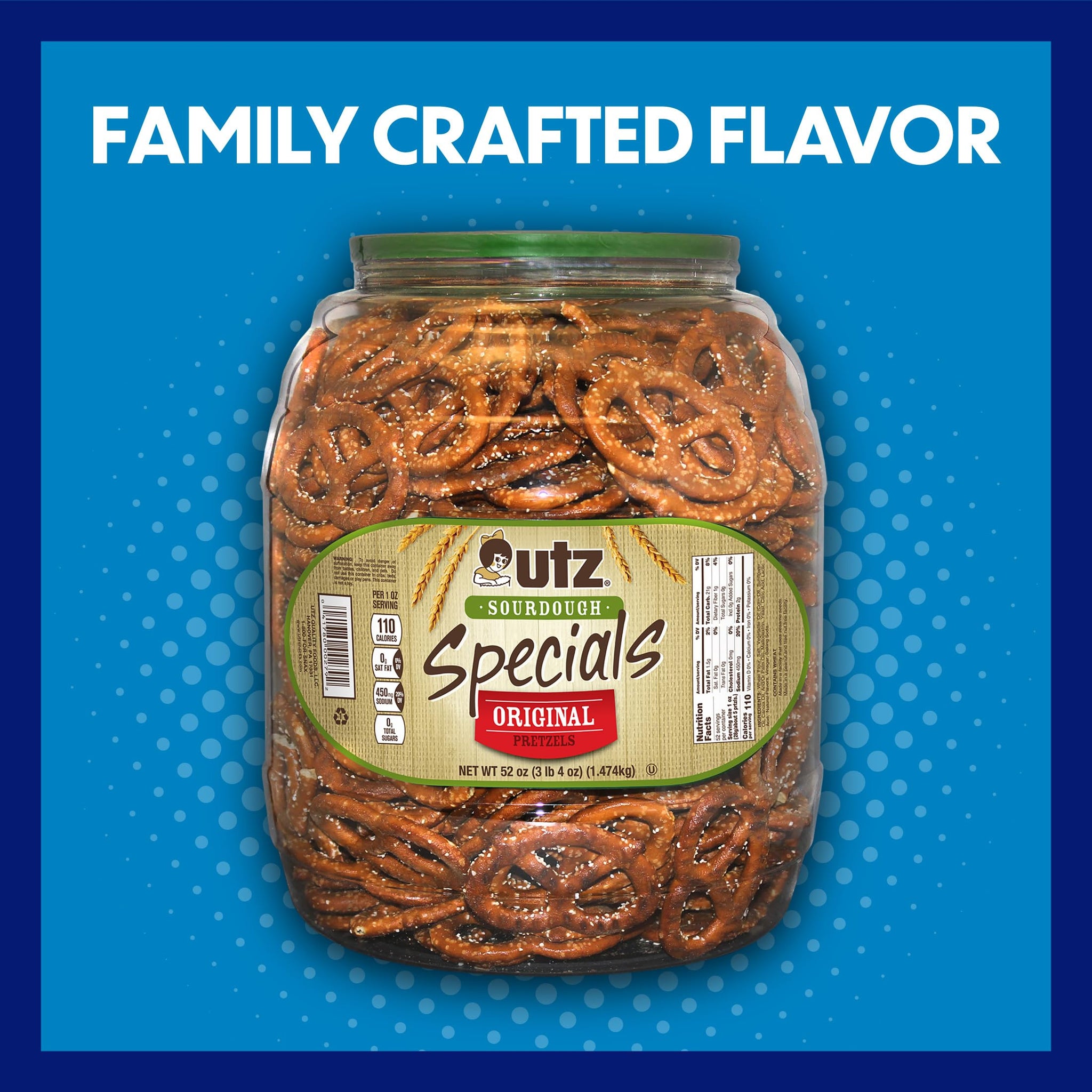 Utz Sourdough Specials Pretzels, Original, 63 oz. Barrel, Classic Pretzel Knot with Rich Sourdough Flavor, Resealable Container, Tasty Party Snack