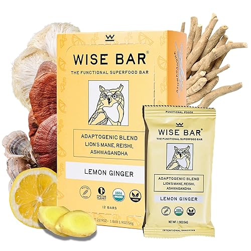 Wise Bar Adaptogen Mushroom Nutrition Bars with Reishi, Lions Mane & Ashwagandha, Organic Vegan & Gluten Free Snacks for Natural Focus, Energy