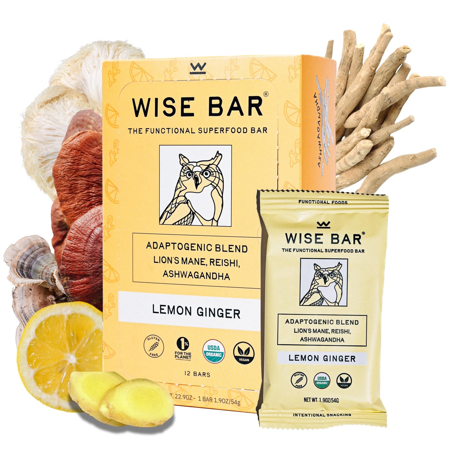 Wise Bar Adaptogen Mushroom Nutrition Bars with Reishi, Lions Mane & Ashwagandha, Organic Vegan & Gluten Free Snacks for Natural Focus, Energy