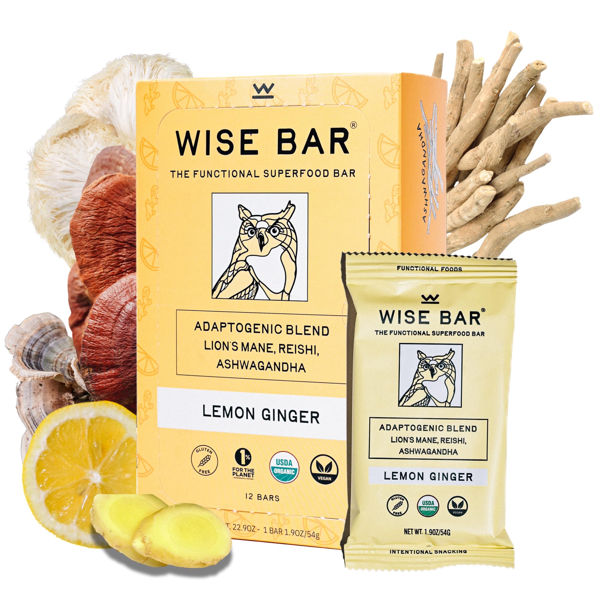 Wise Bar Adaptogen Mushroom Nutrition Bars with Reishi, Lions Mane & Ashwagandha, Organic Vegan & Gluten Free Snacks for Natural Focus, Energy