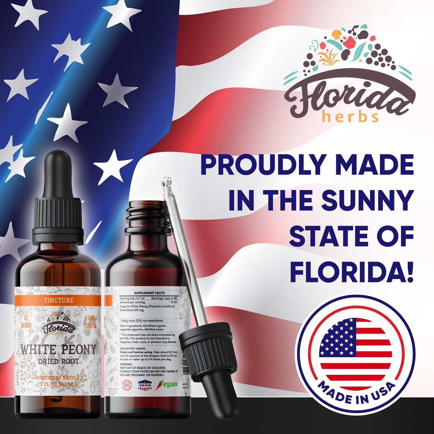 FLORIDA HERBS White Peony Tincture, Organic White Peony Extract (Paeonia Lactiflora) Root, Non-GMO in Cold-Pressed Organic Vegetable Glycerin 2 oz