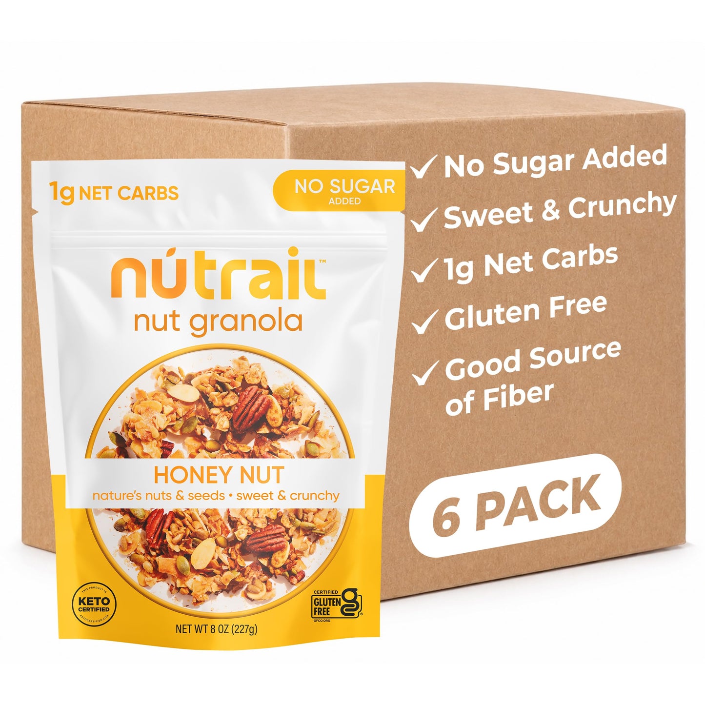 NuTrail Nut Granola Cereal, Honey Nut, No Sugar Added, Keto, Low Carb, Gluten Free, Grain Free, Healthy Breakfast 8 oz. 6 Count