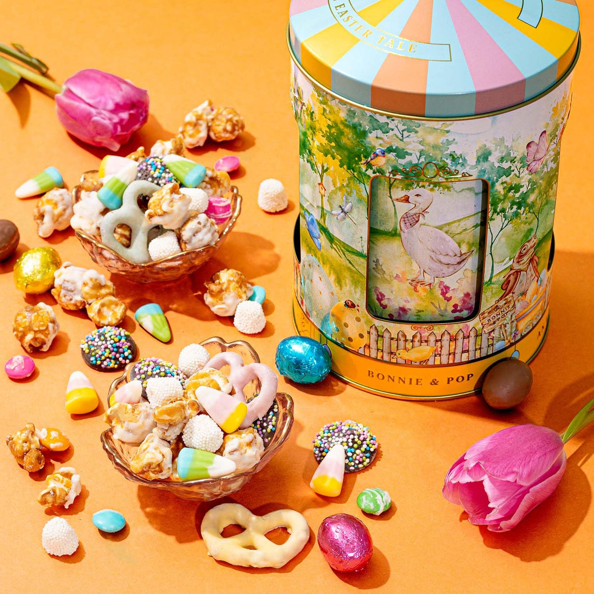 Easter Gift Tin, Musical Carousel with Spring Candy Assortment - Plays Holiday Music, Chocolate Eggs, Yogurt Pretzels & Popcorn, Holiday Box Present