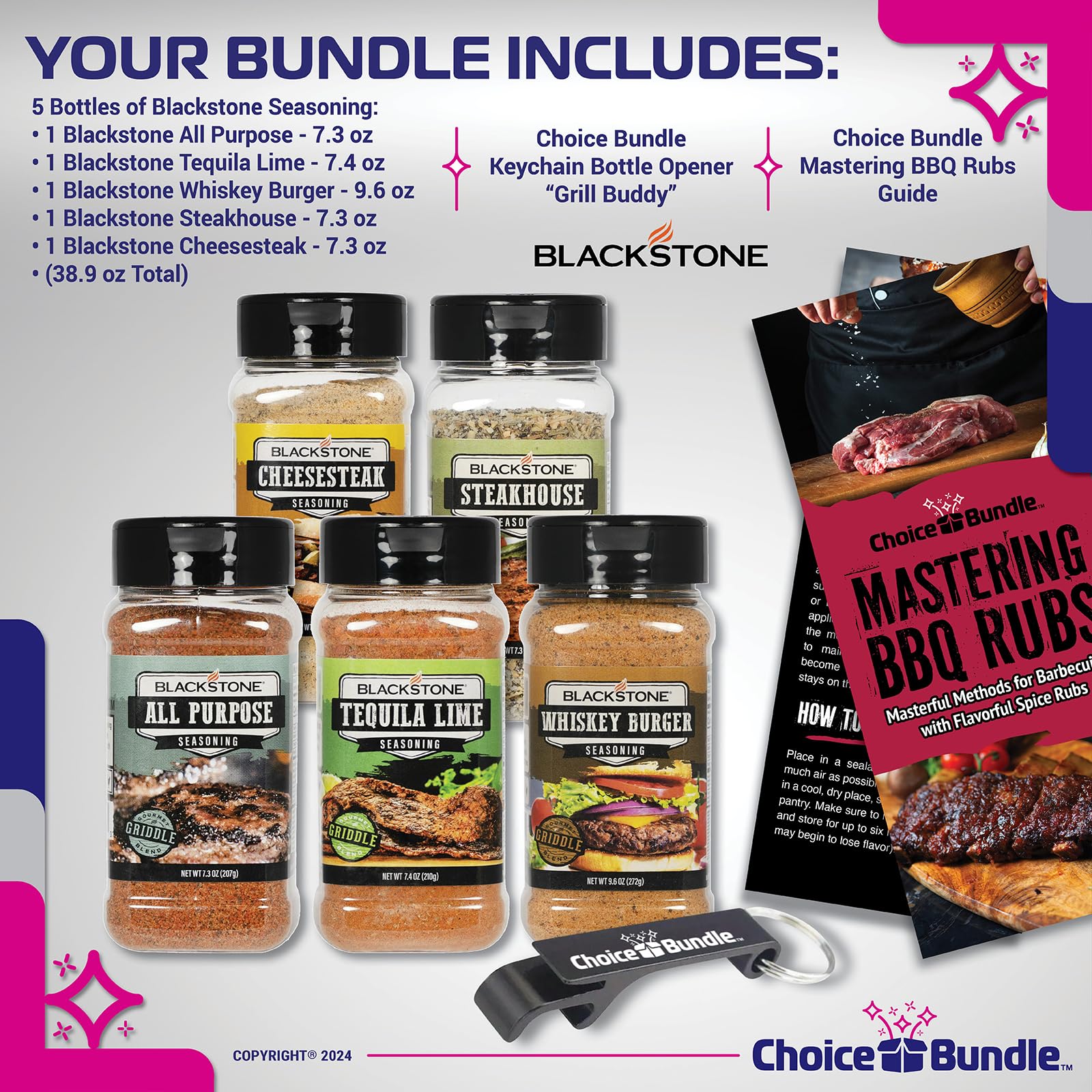 Blackstone Whiskey Burger Steakhouse Tequila Lime All Purpose Cheesesteak Premium Barbecue Griddle Seasoning Rub 5 Pk (38.9 oz) + BBQ Masters & Opener