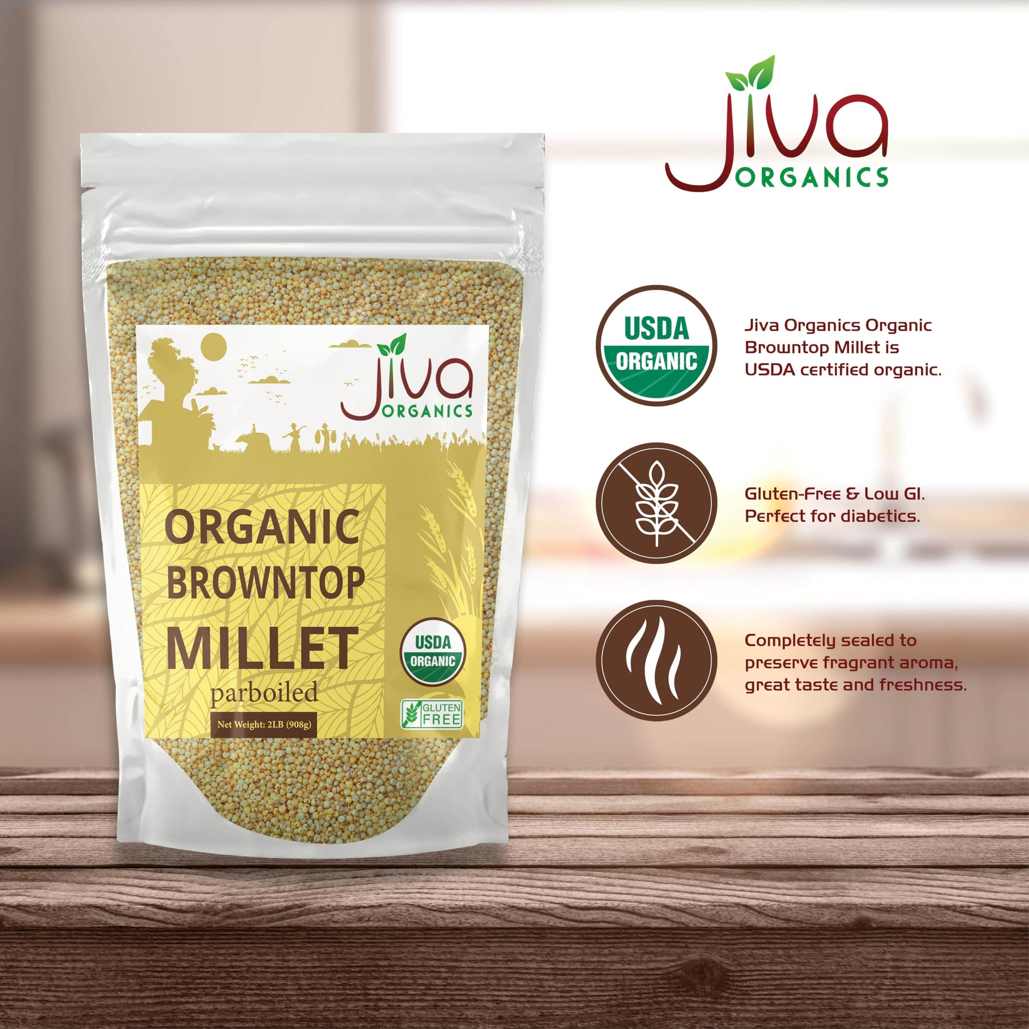 Jiva Organics Browntop Millet 2 LB Bag | Whole Grain, Gluten-Free & Organic | Protein & Fiber-Rich Superfood for Healthy Indian Cooking