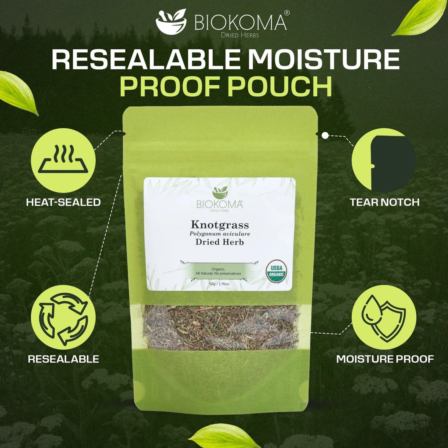 Biokoma Organic Knotgrass Dried Herb 50g 1.76oz Polygonum Aviculare USDA Organic Herbal Tea Urinary Respiratory Digestive Health Resealable Moisture