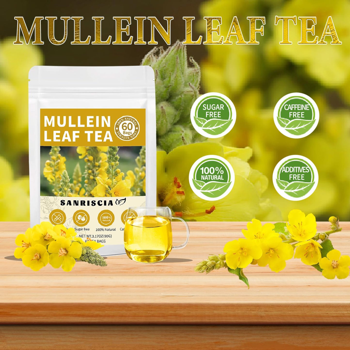 60 Handmade Mullein Tea Bags,100% Pure and Natural Mullein Leaf Tea, No Sugar/Caffeine/Additives, Support Lung Health & Respiratory Wellness