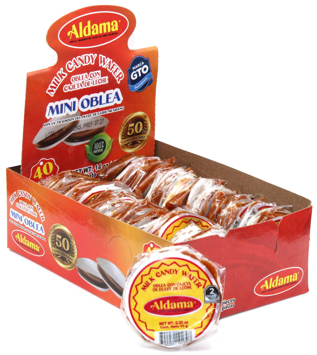 Aldama Mini Oblea Milk Candy Wafer with Cajeta de Leche, 100% Natural, 14 oz, 40 Pieces