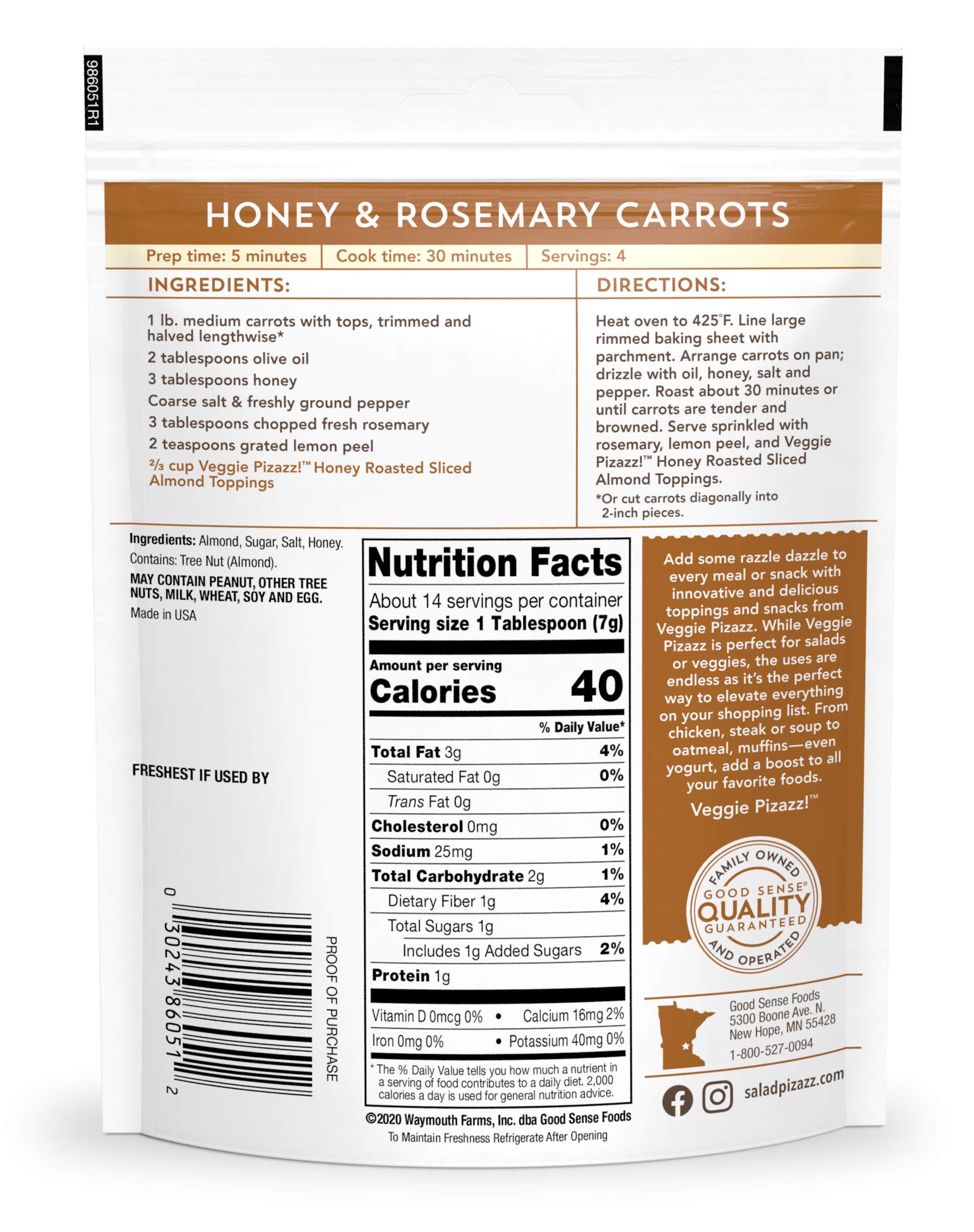 Salad Pizazz Almond Toppings, Snack Mix and Salad Topping, Non-GMO, No Artifical Flavors or Colors, Resealable Bag, Honey Roasted, 3.5 Ounce