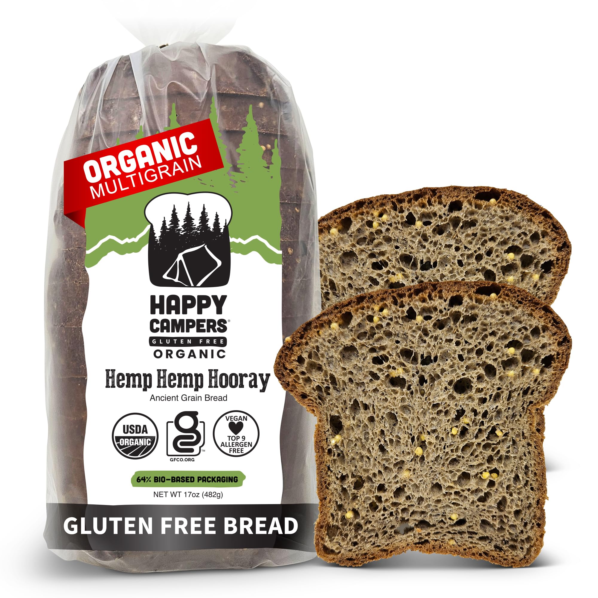 Happy Campers Hemp Hemp Hooray Gluten Free Bread, Multi-Grain, Non-GMO, Vegan, Organic, 17.4 oz Loaf (Pack of 4)