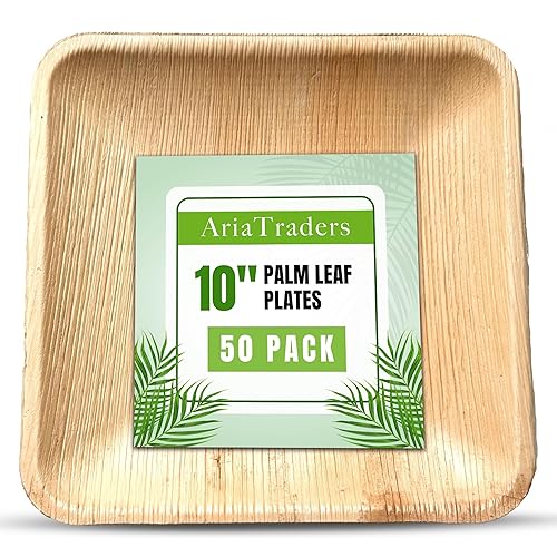 AriaTraders Palm Leaf Plates 10 Inch (50-Pack), Square Bamboo Plates Disposable, Heavy Duty Compostable & Biodegradable Wooden Plates for Party