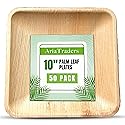 AriaTraders Palm Leaf Plates 10 Inch (50-Pack), Square Bamboo Plates Disposable, Heavy Duty Compostable & Biodegradable Wooden Plates for Party