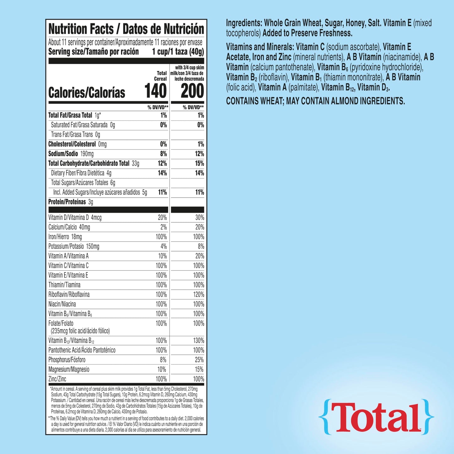 Total Breakfast Cereal, 100% Daily Value of 11 Vitamins and Minerals, Whole Grain Cereal, 16 oz