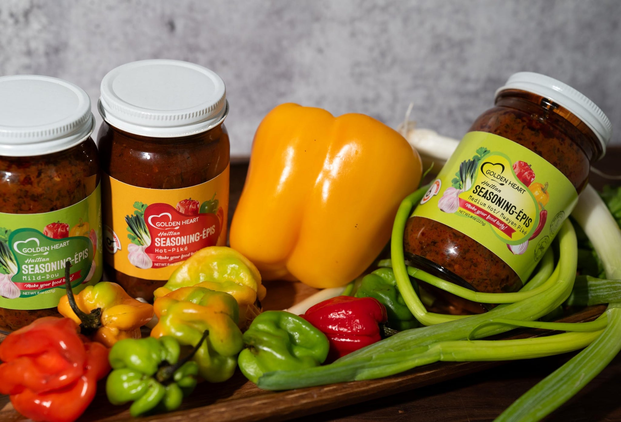 Golden Heart Haitian Epis Trio - Authentic All-Natural Caribbean Seasoning Paste Combo (Mild, Medium & Spicy) - Versatile Marinade & Flavor Base