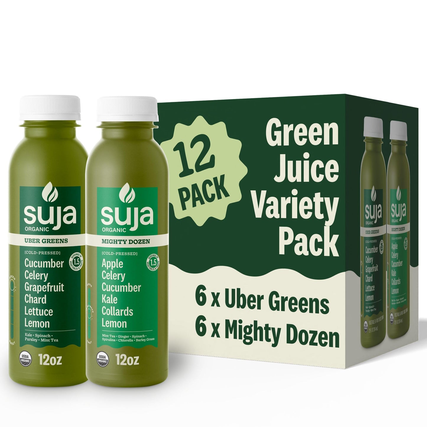 Suja Organic Green Juice Variety Pack | 6 Mighty Dozen and 6 Uber Greens | Plant-Based & Gluten-Free (12 fl oz, Pack of 12 total)