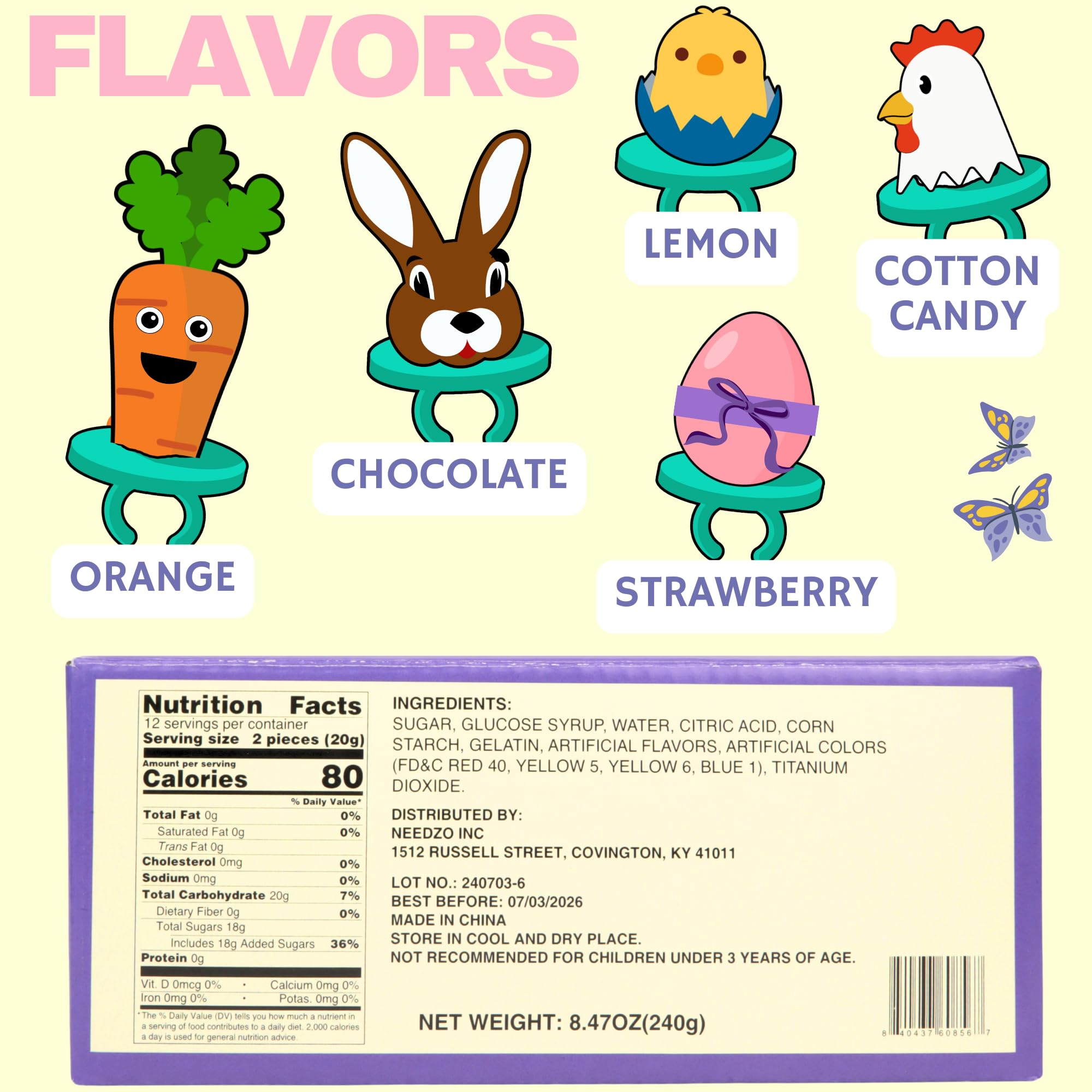 Easter Candy 3D Lollipop Rings, Individually Wrapped Bunny Chick Carrot Shaped Suckers, Basket Stuffers, 24 Pieces, 8.47 Ounces