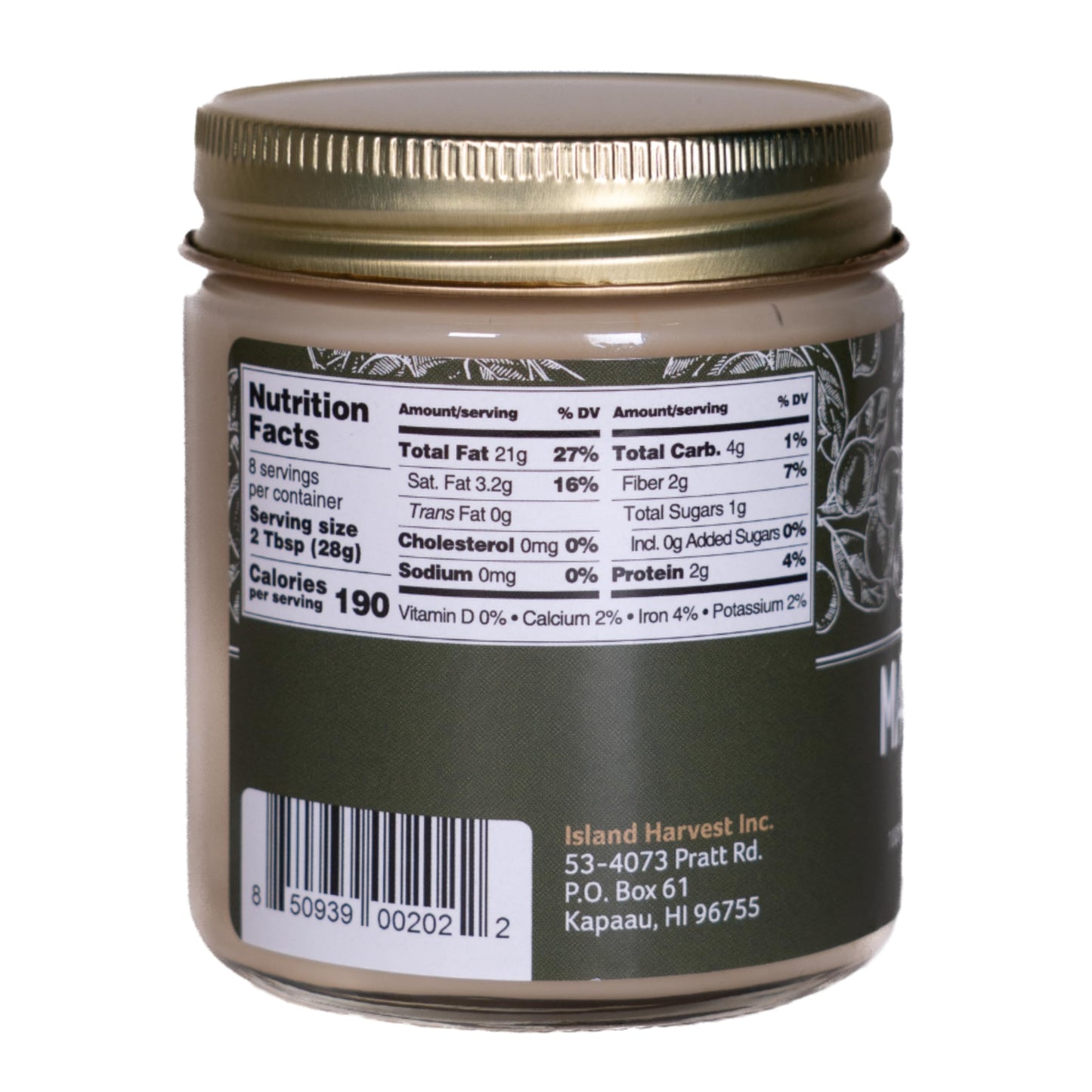 Island Harvest Macadamia Nut Butter - Made with 100% Hawaiian Organic Macadamia Nuts; All-Natural Nut Butter; Non-GMO; High In Fiber; 8 Ounce (Pack