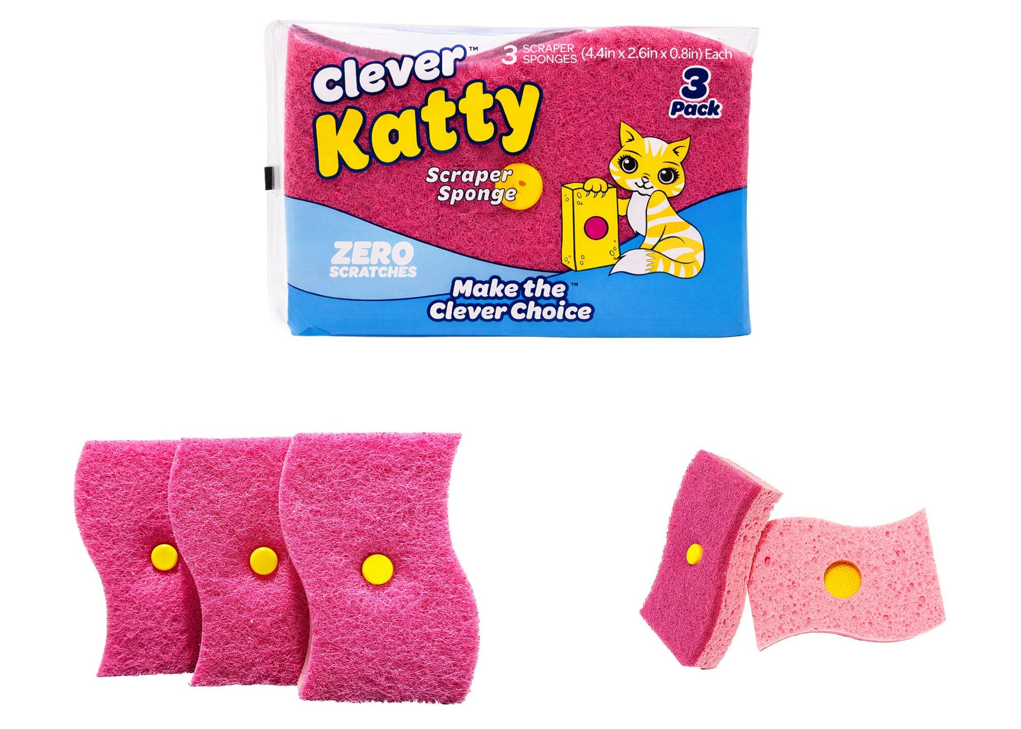 Clever Katty Scraper Sponge, Non-Scratch Cleaning Sponges with Hard Scraper, Pink, 3 Pack, 4.4in x 2.6in x 0.8in, Zero Scratches