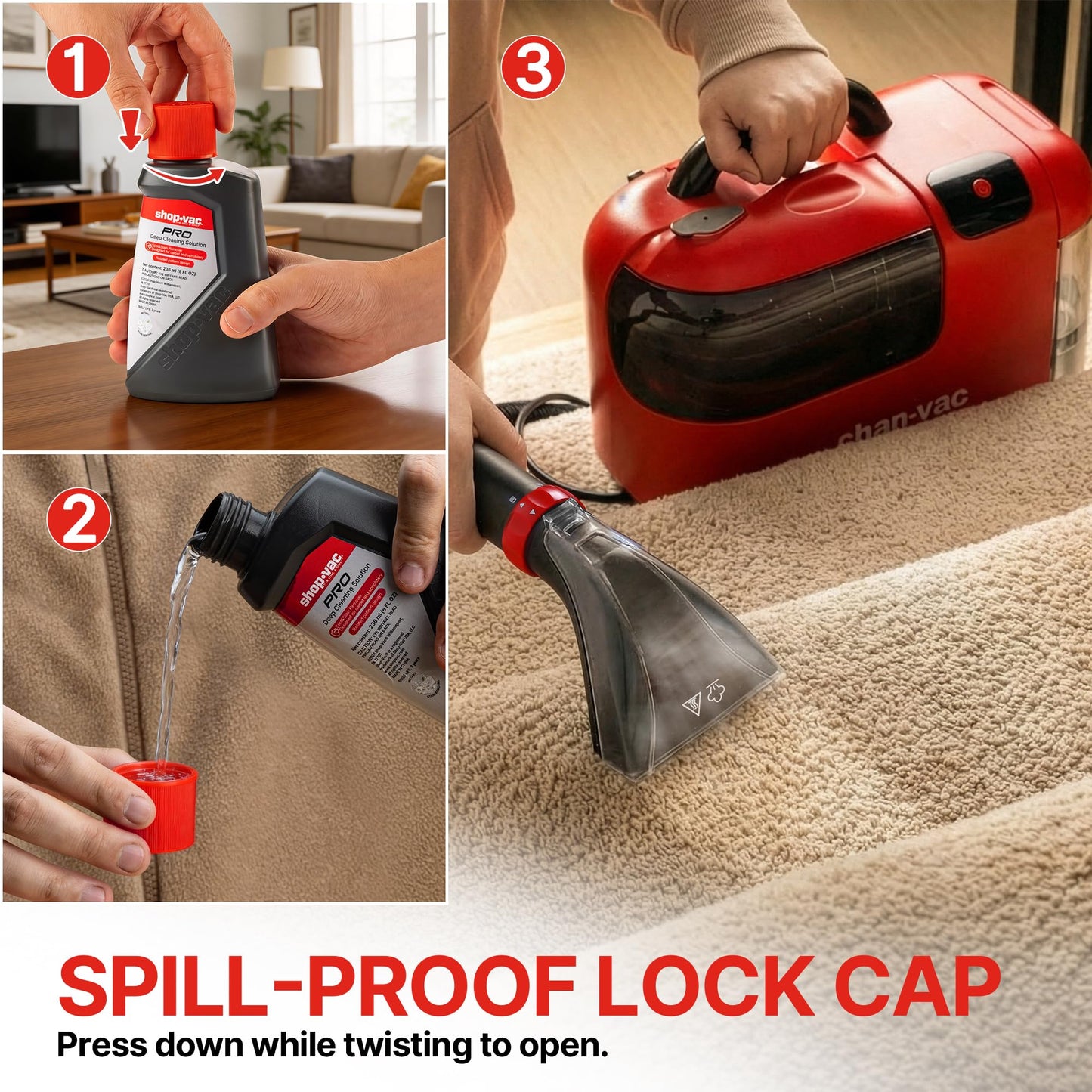 Shop-Vac Carpet Cleaner Solution, 8Fl Oz, Low Foam Upholstery Cleaner Solution For All Carpets, Upholstery & Area Rugs, Dissolves Dirt, Grime, Pet