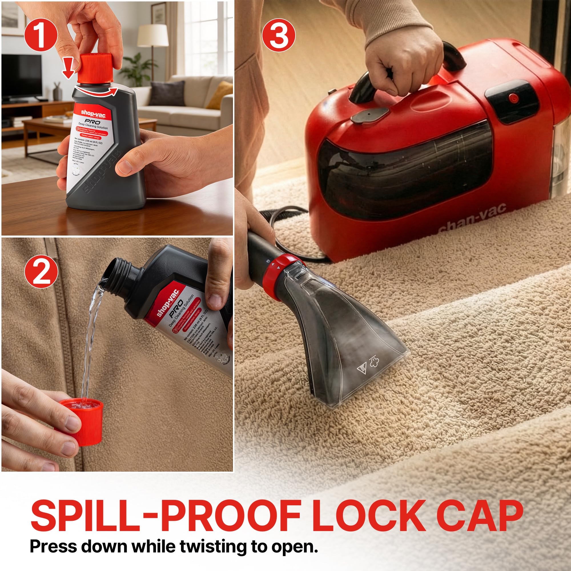 Shop-Vac Carpet Cleaner Solution, 8Fl Oz, Low Foam Upholstery Cleaner Solution For All Carpets, Upholstery & Area Rugs, Dissolves Dirt, Grime, Pet