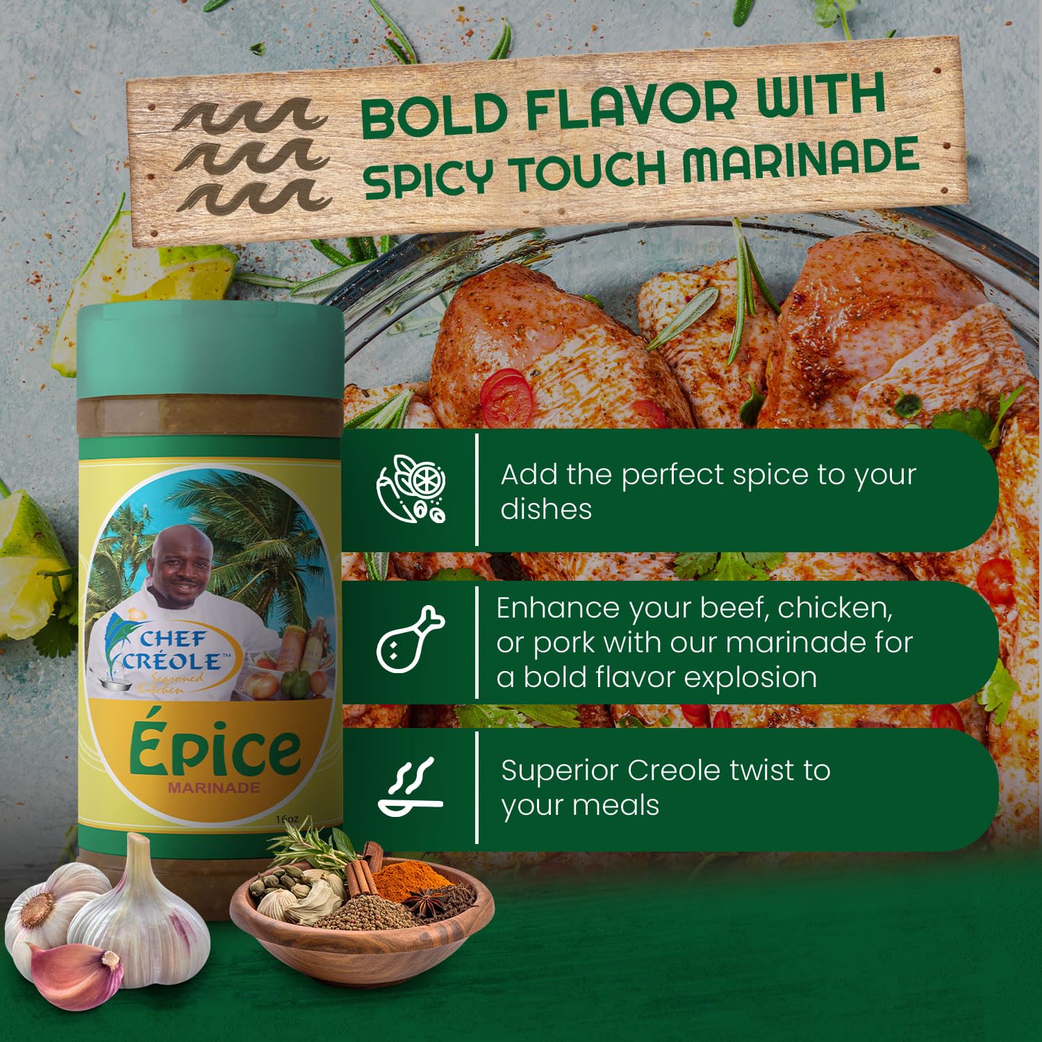 Chef Creole Epice Marinade - Spicy & Flavorful Creole Seasoning with Garlic, Green Peppers, Onions & Scallions - Vegan & Non-GMO Marinades for Meats