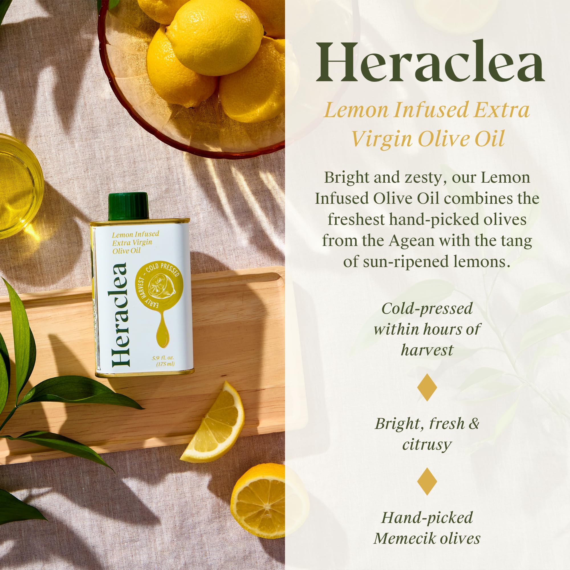 Heraclea - Lemon Infused - Extra Virgin Olive Oil - Extra Virgin - Cold Pressed - Polyphenol Rich EVOO - 5.9oz Bottle