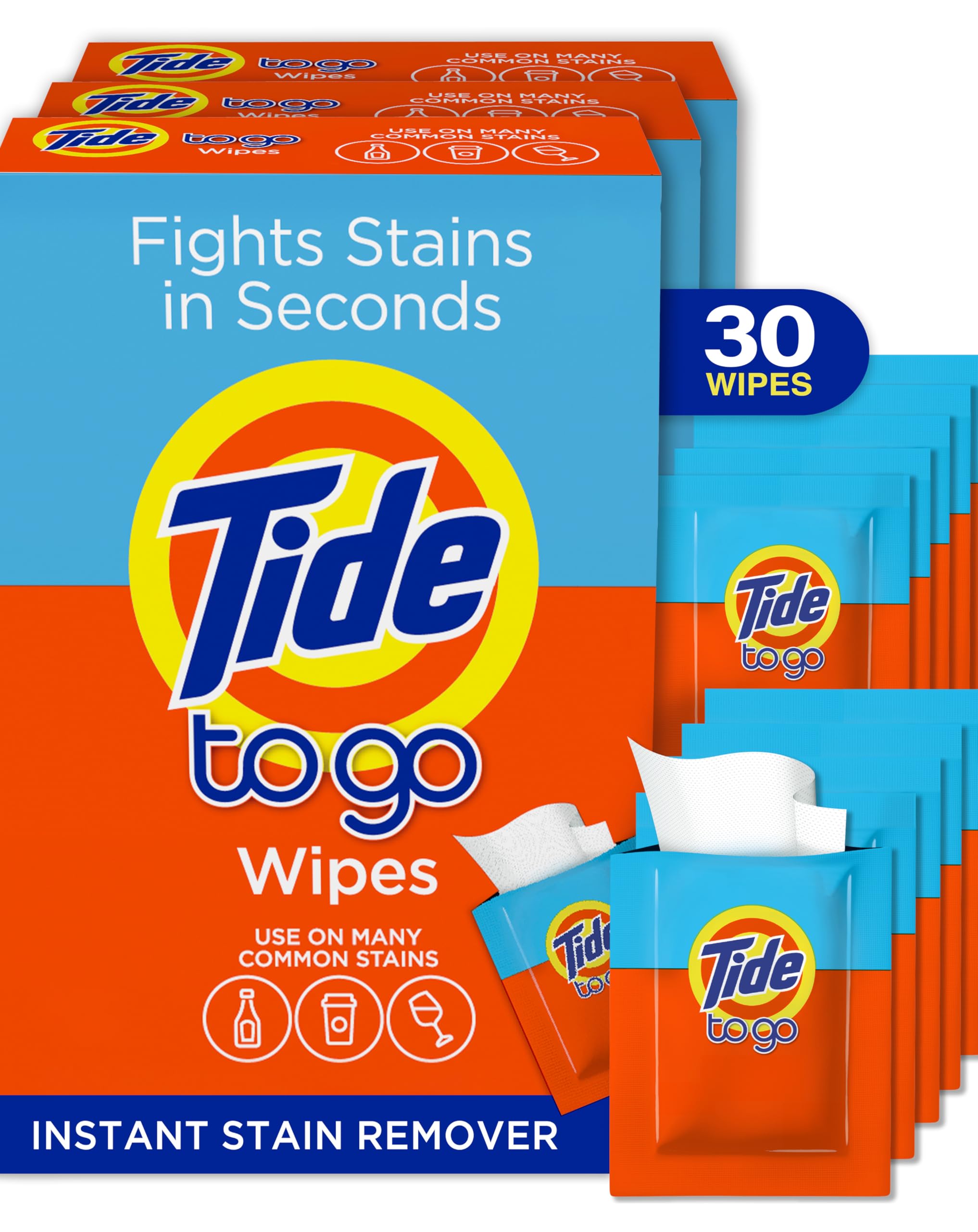 Tide To Go Stain Remover Wipes for Clothes, Instant Laundry Travel Stain & Spot Remover, 3 Pack, (30 Wipes Total)