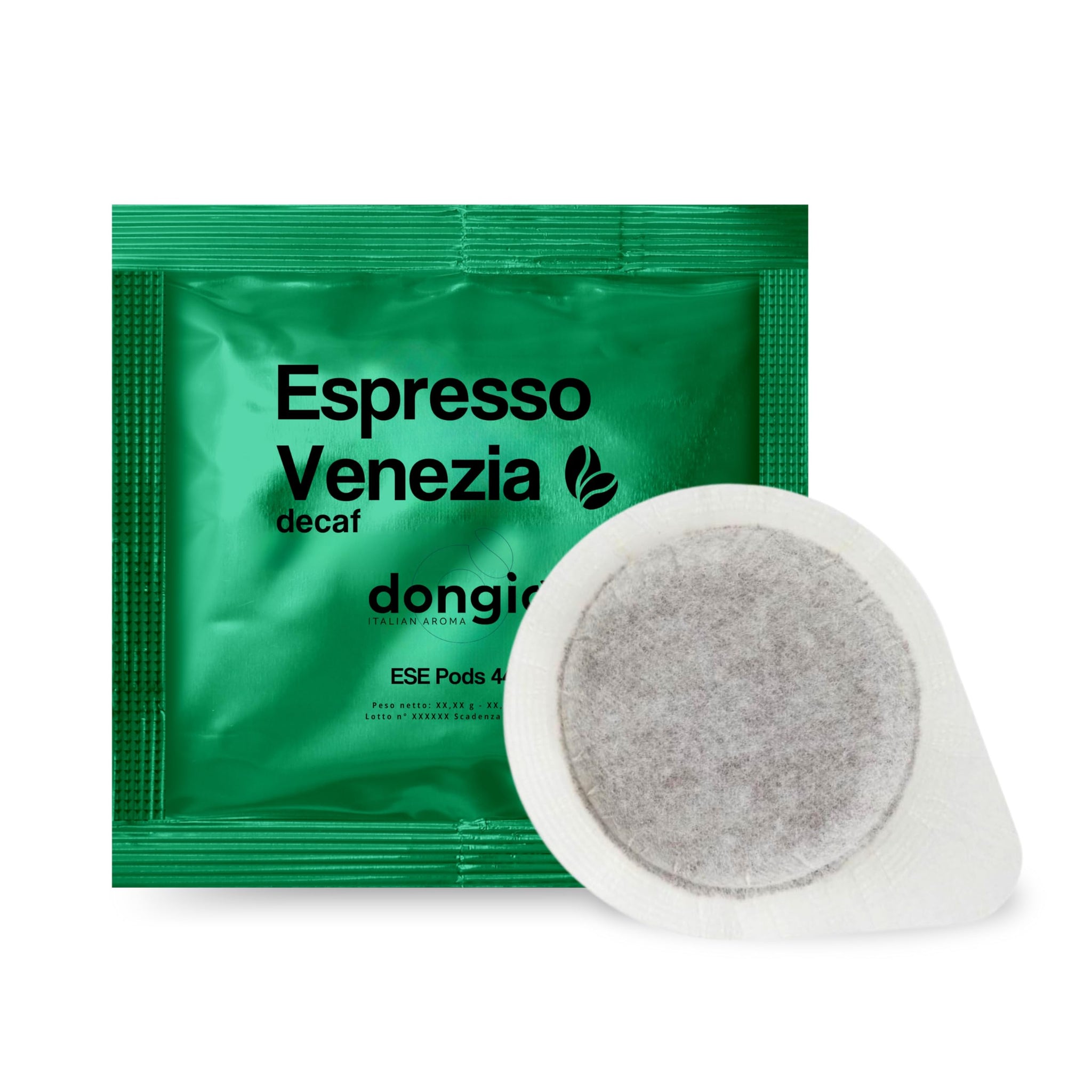Dongio Caffe Venezia Decaf ESE 44mm Coffee Pods - 150 Count | Italian Decaf Espresso Pods, Dark Roast, Intensity 8/10, Rich Crema, Roasted in Italy