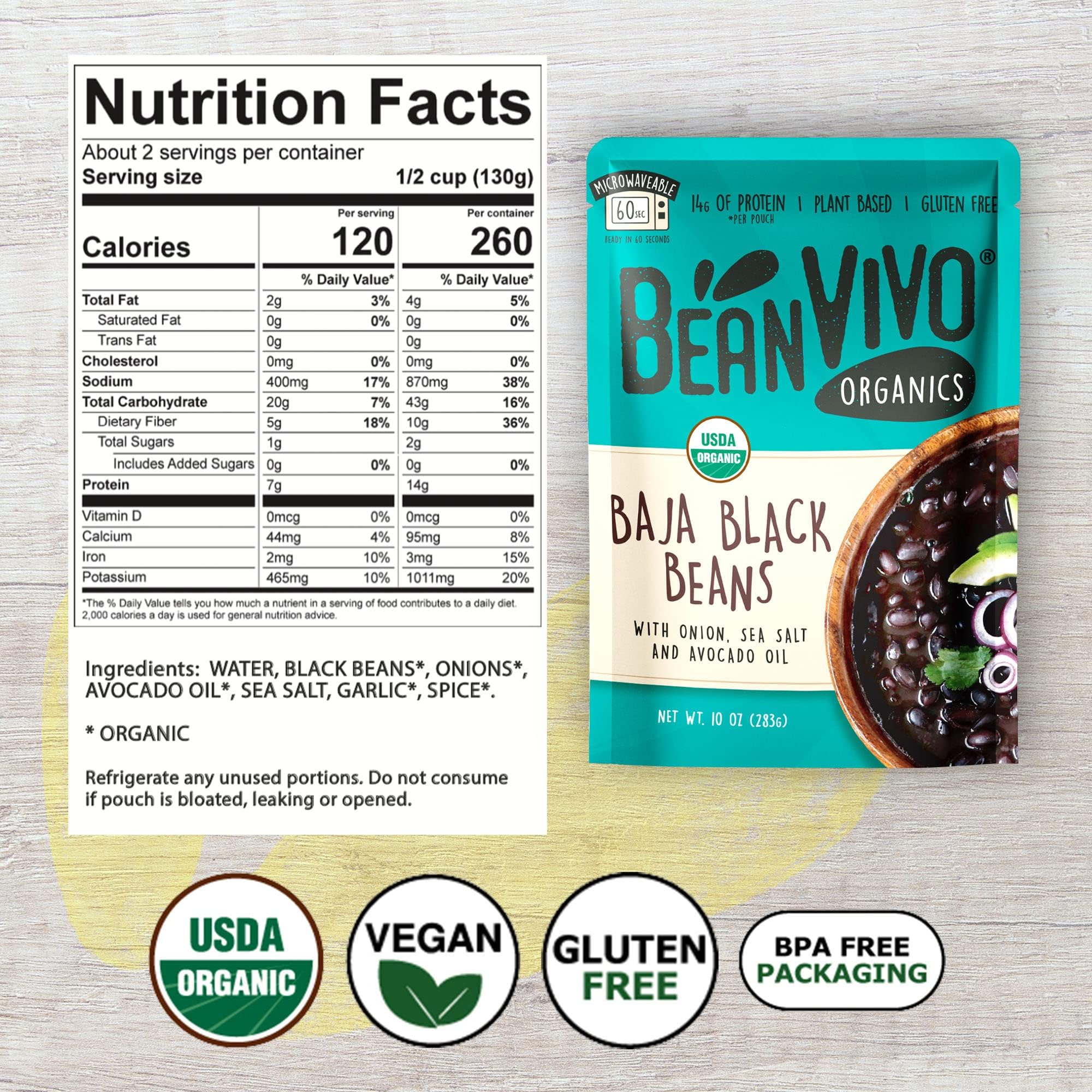 BeanVIVO (Pack of 6) Organics 14g Plant based Protein Baja Black Beans - Good Source of Fiber - Nutritious & Microwave Meals - Gluten-Free Plant Food