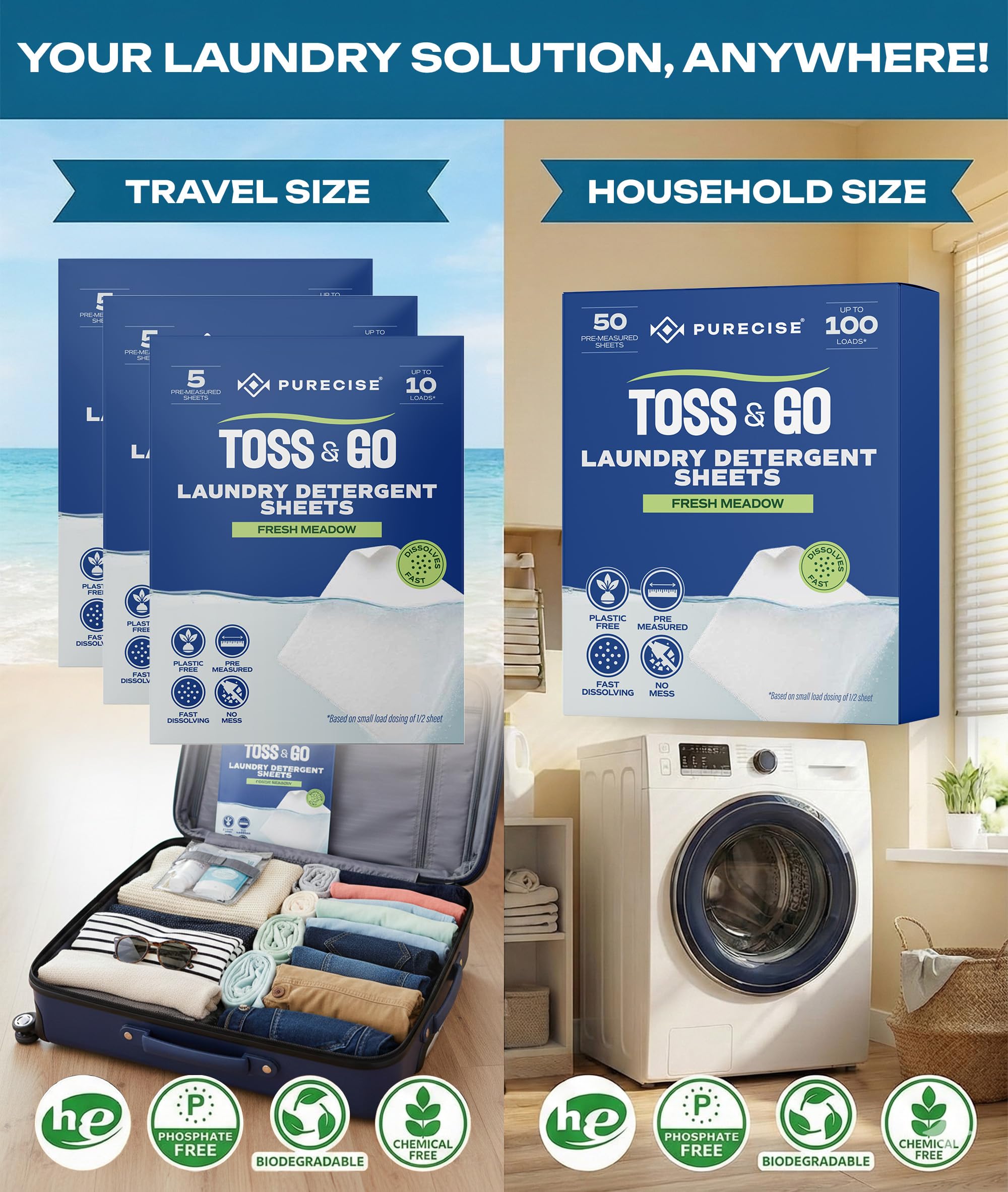 Purecise Toss & Go Laundry Detergent Sheets | 3-Pack Sampler, 30 Loads | Try Before You Commit | Fast-Dissolving, No Mess, Plastic-Free | Fresh Meadow