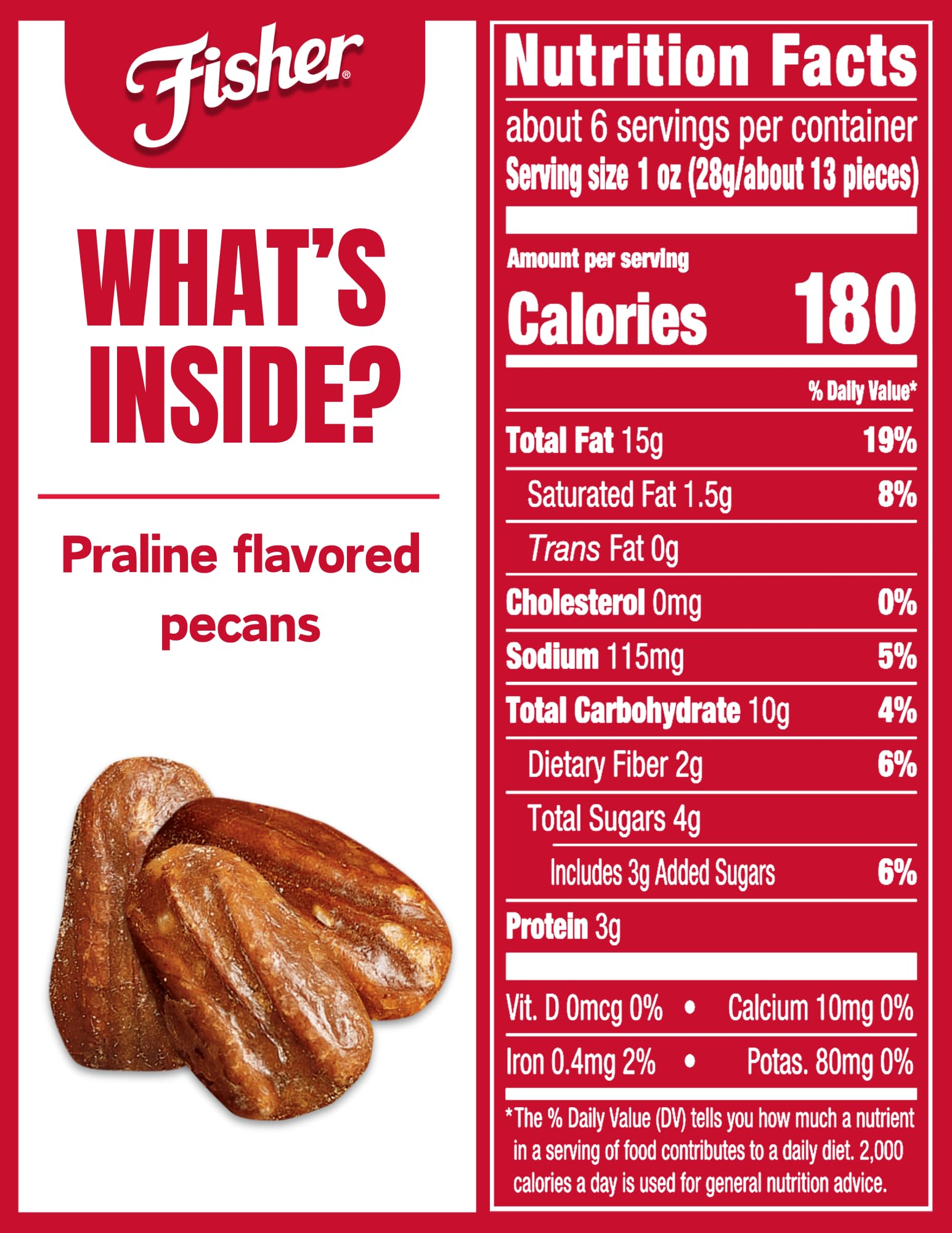 Fisher Snack Praline Pecans, 5.5 oz (Pack of 1), Resealable Pouch, Mammoth Candied Pecans, Perfect for Gifting or Personal Enjoyment, Crunchy