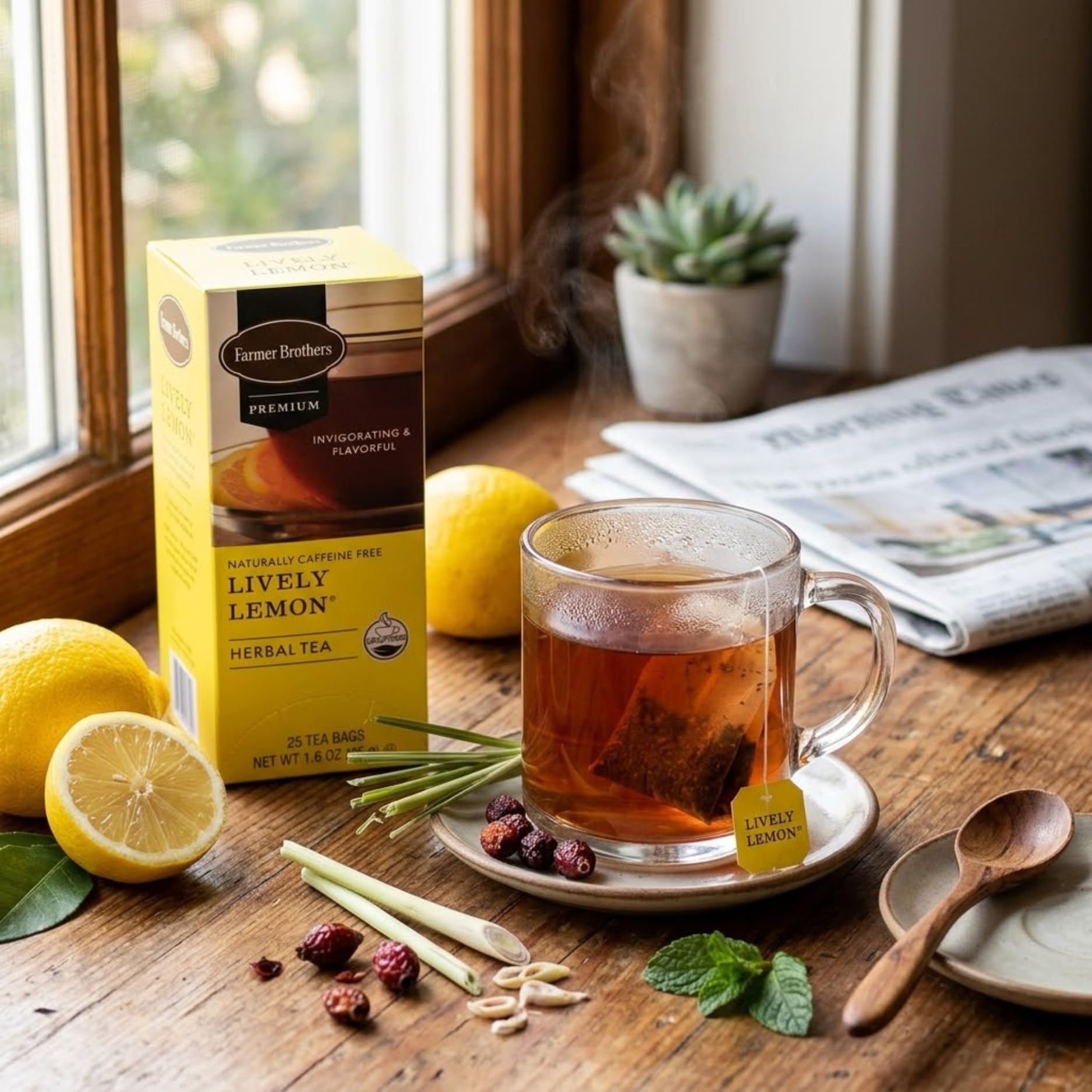 Farmer Brothers Lively Lemon Herbal Tea, 25 Bags - Naturally Caffeine-Free Citrus Herbal Tea with Bold Lemon Flavor, Relaxing Wellness Tea for Hot Tea