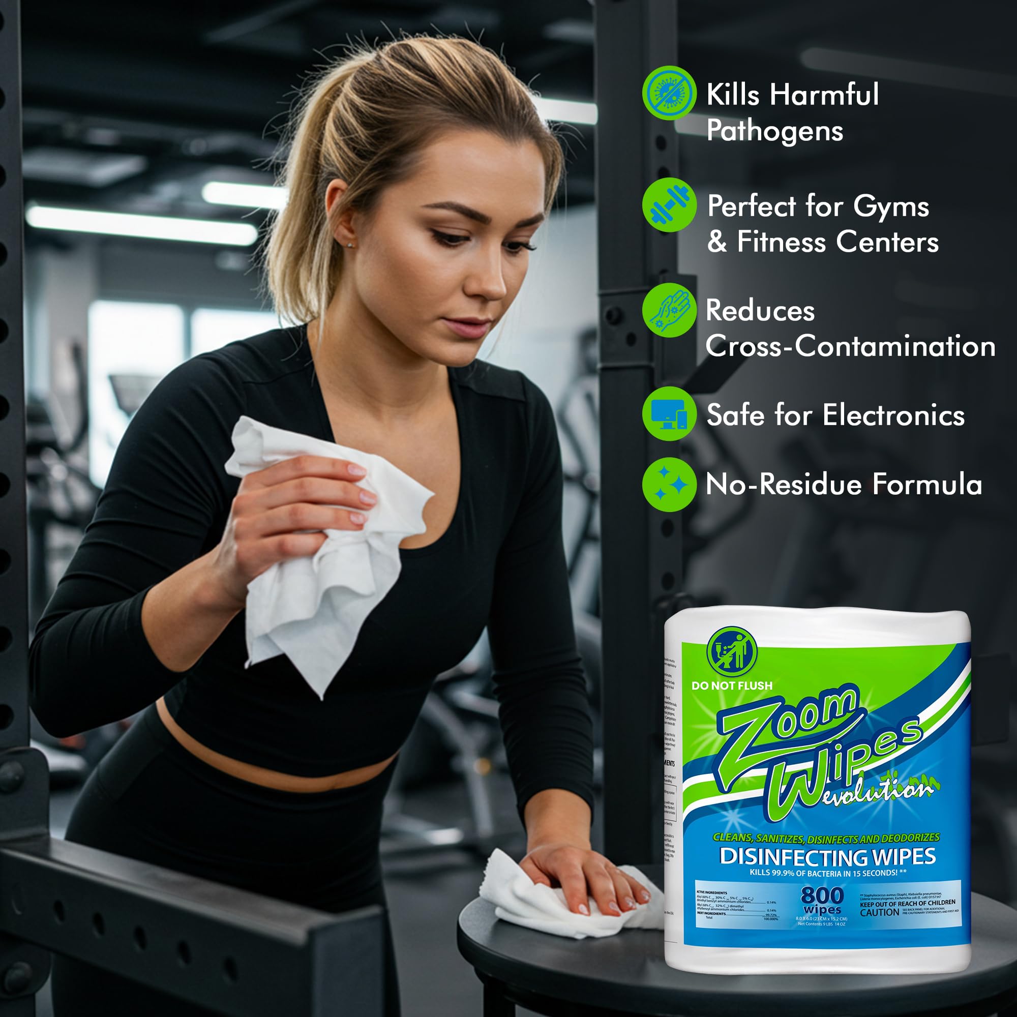 Zoom Wipes Gym Cleaning Wipes Refill - 4 Rolls (800 Wipes 3200 Total) - Commercial Disinfecting Surface Wipes for Fitness, Office, Schools
