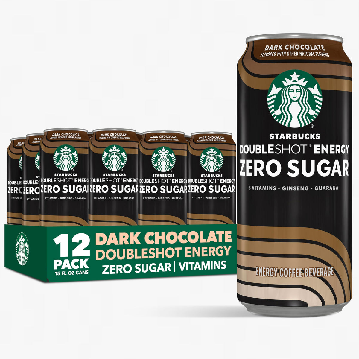 Starbucks Doubleshot Zero Sugar Coffee Energy Drink, Dark Chocolate, 15 fl oz Cans, (12 Pack), Zero Sugar, B Vitamins, Ginseng, Guarana, Iced Coffee