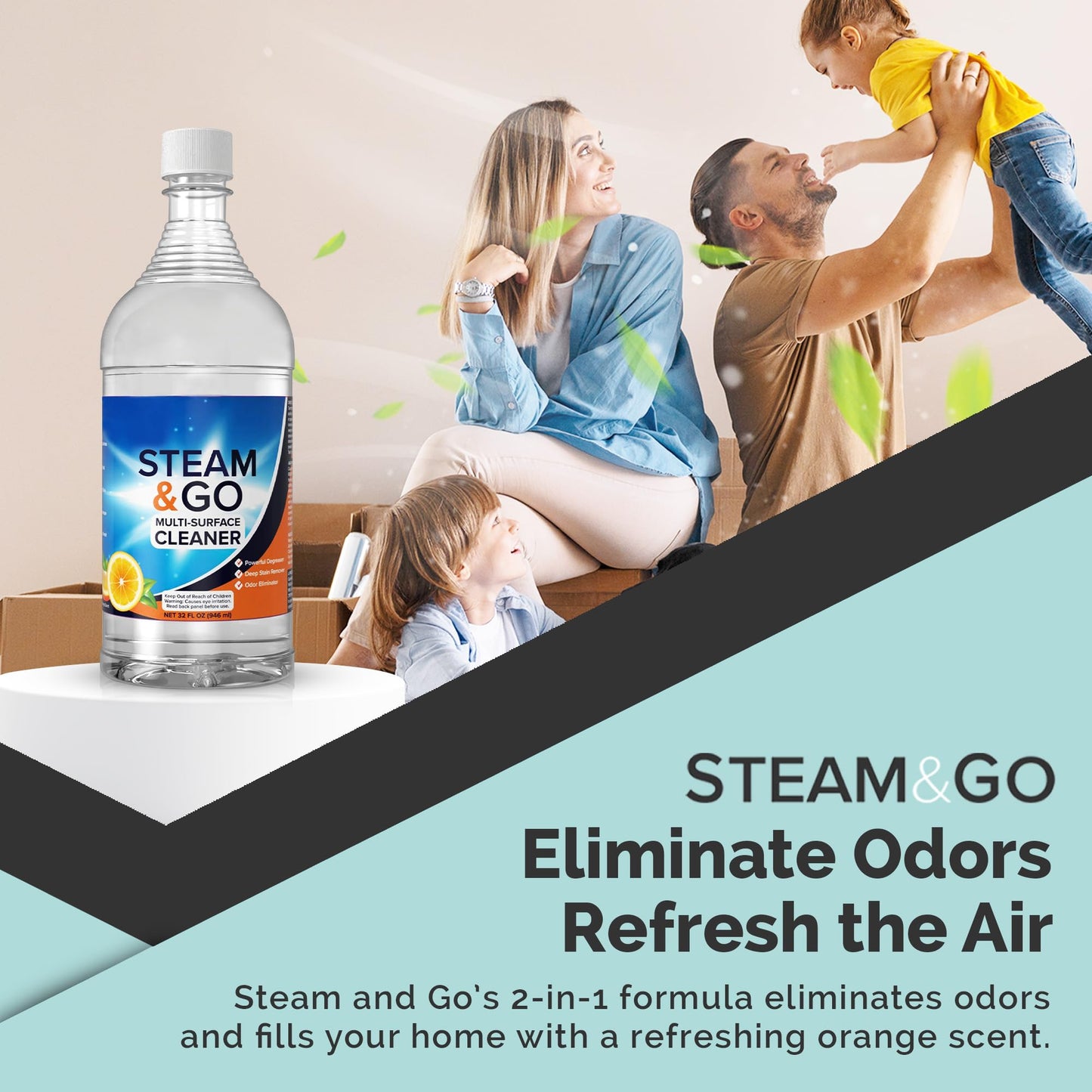 Steam & Go Multi-Purpose Cleaner Spray with Oxy Power for Multi-Surfaces - Removes Stains, Eliminates Odors, & Degreases - Orange Scent, 32 oz